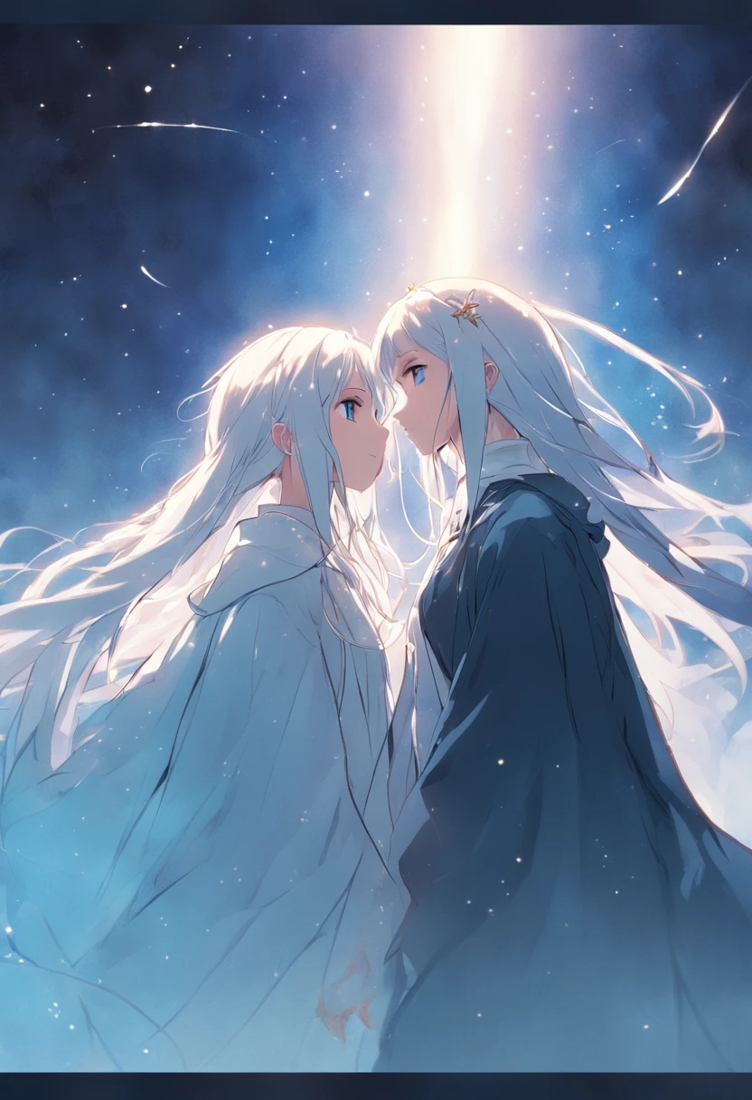 Blue sky,Two girls looking at each other,A long white hair,Wear a white cloak,A high white ponytail,Wear a black cloak。
