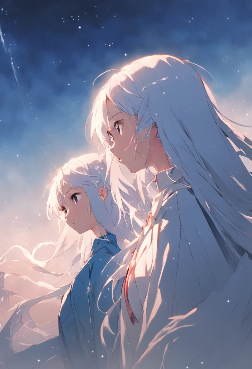 Blue sky,Two girls looking at each other,A long white hair,Wear a white cloak,A high white ponytail,Wear a black cloak。