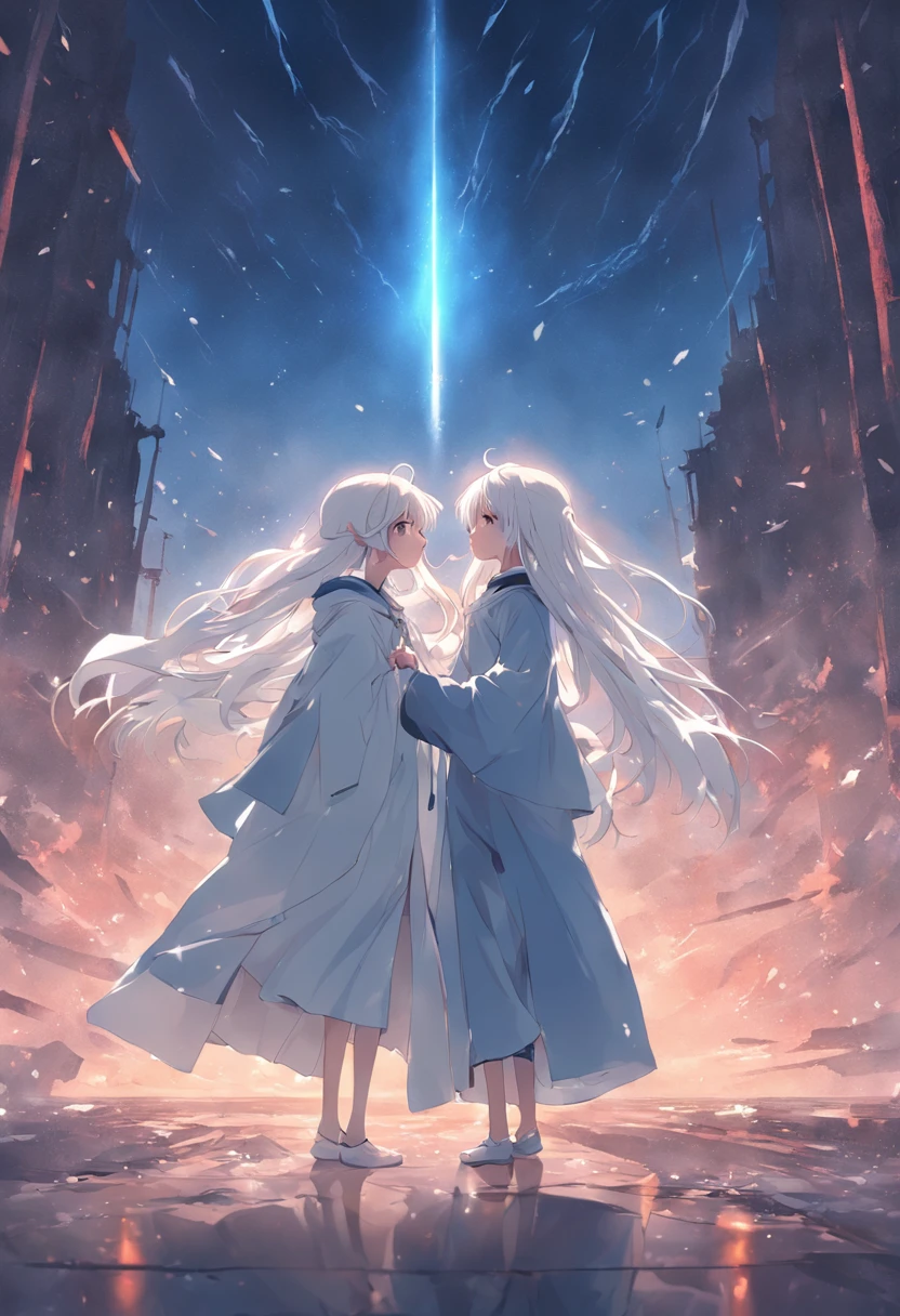 Blue sky，Two girls looking at each other，A long white hair，Wear a white cloak，A high white ponytail，Wear a black cloak。