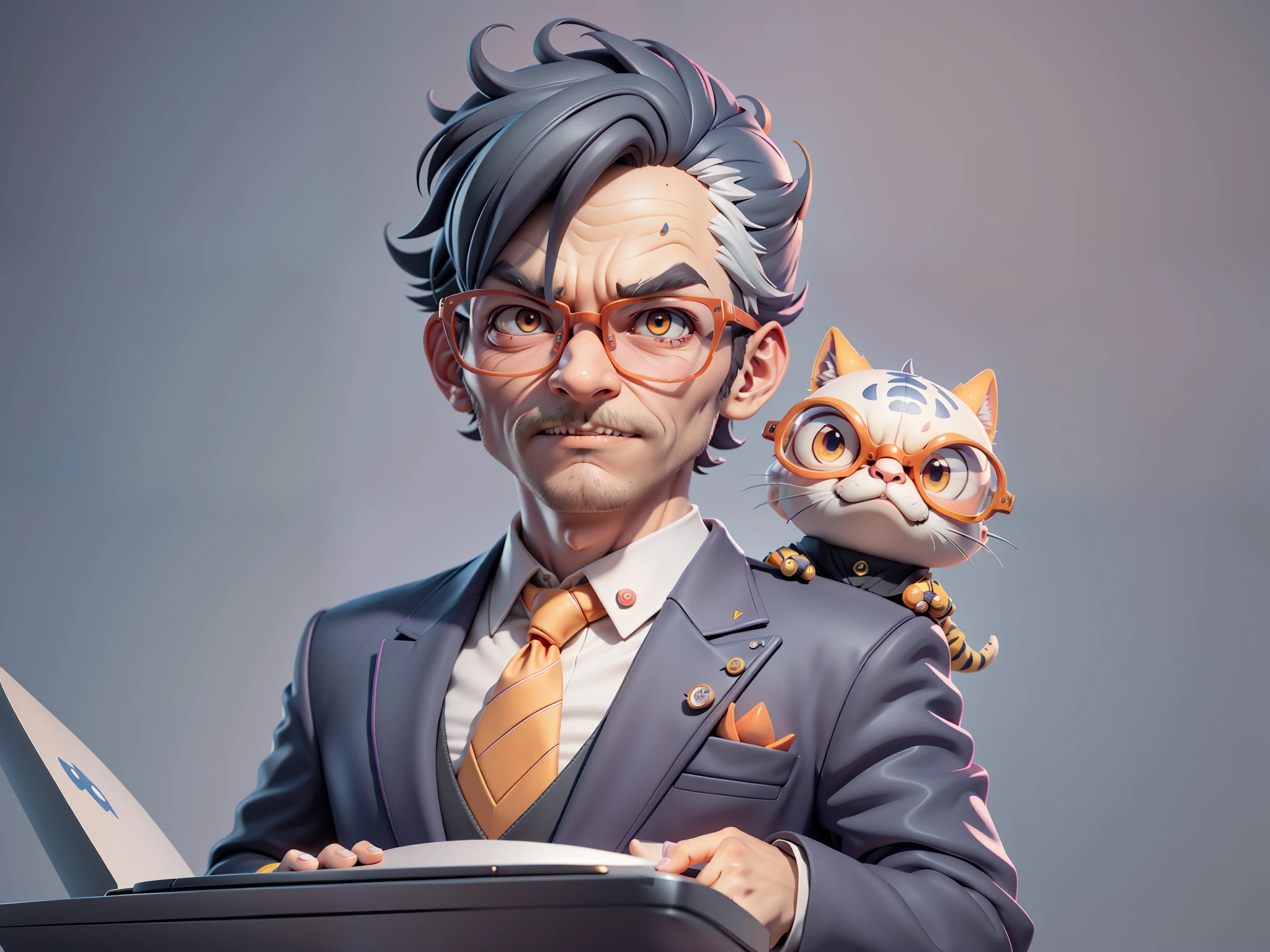 A young man in a suit, Short hair and glasses sat at his desk，holding laptop，digitial painting，tigre，3D character design by Mark Clairen and Pixar and Hayao Miyazaki and Akira Toriyama，4K HD illustration，Very detailed facial features and cartoon-style visuals。
