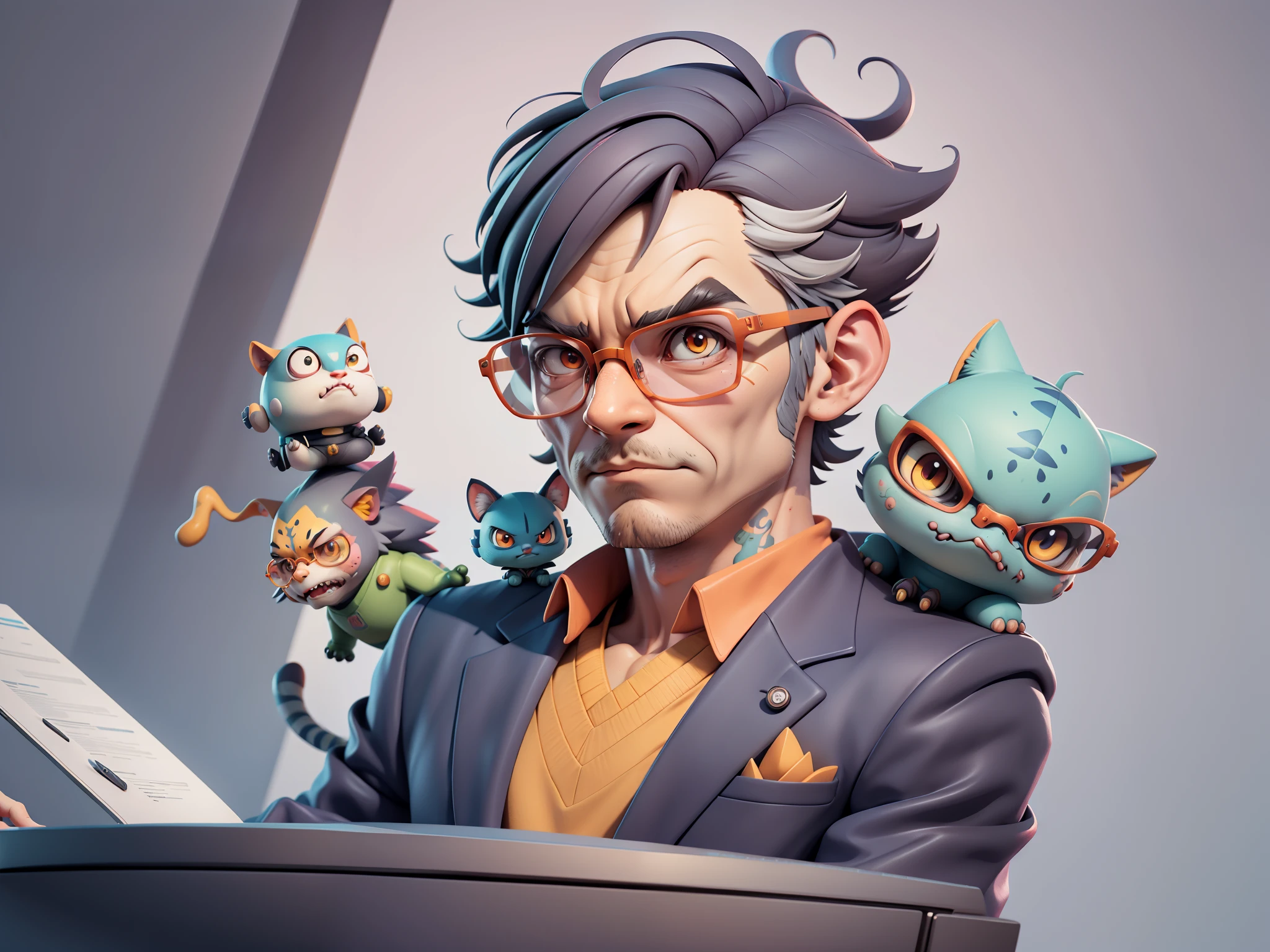A young man in a suit, Short hair and glasses sat at his desk,holding laptop,digitial painting,tigre,3D character design by Mark Clairen and Pixar and Hayao Miyazaki and Akira Toriyama,4K HD illustration,Very detailed facial features and cartoon-style visuals。