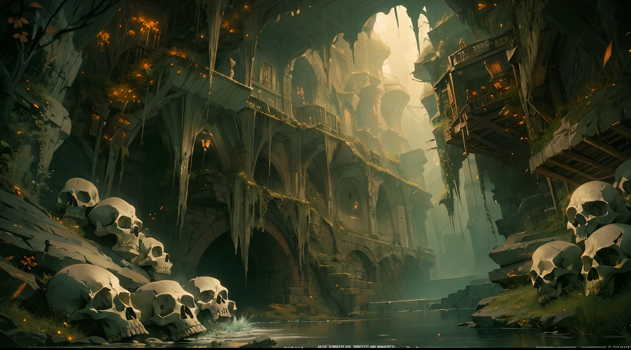 "(by Greg Rutkowski: 1.2), (masterpiece), (best quality), extremely delicate and beautiful, illustration, (fantasy landscape), A mesmerizing fantasy landscape with enchanting elements blending seamlessly. (Majestic cave entrence), (adorned with spooky atmosphere surrounded with skulls). A sense of tranquility and wonder fills the air, inviting exploration and discovery, depth of field, HDR, intricate, delicate"