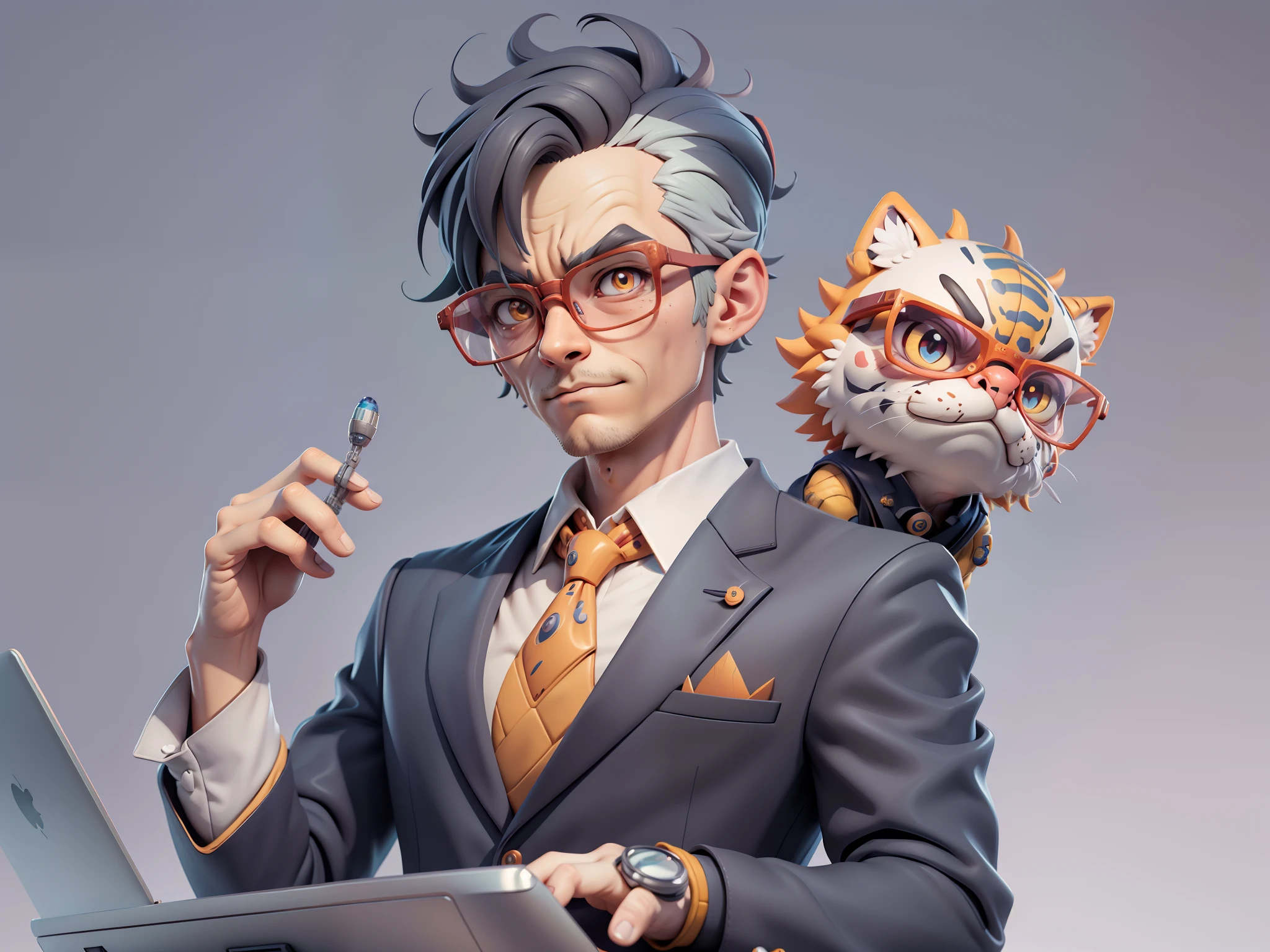 A young man in a suit, Short hair and glasses sat at his desk,holding laptop,digitial painting,tigre,3D character design by Mark Clairen and Pixar and Hayao Miyazaki and Akira Toriyama,4K HD illustration,Very detailed facial features and cartoon-style visuals。