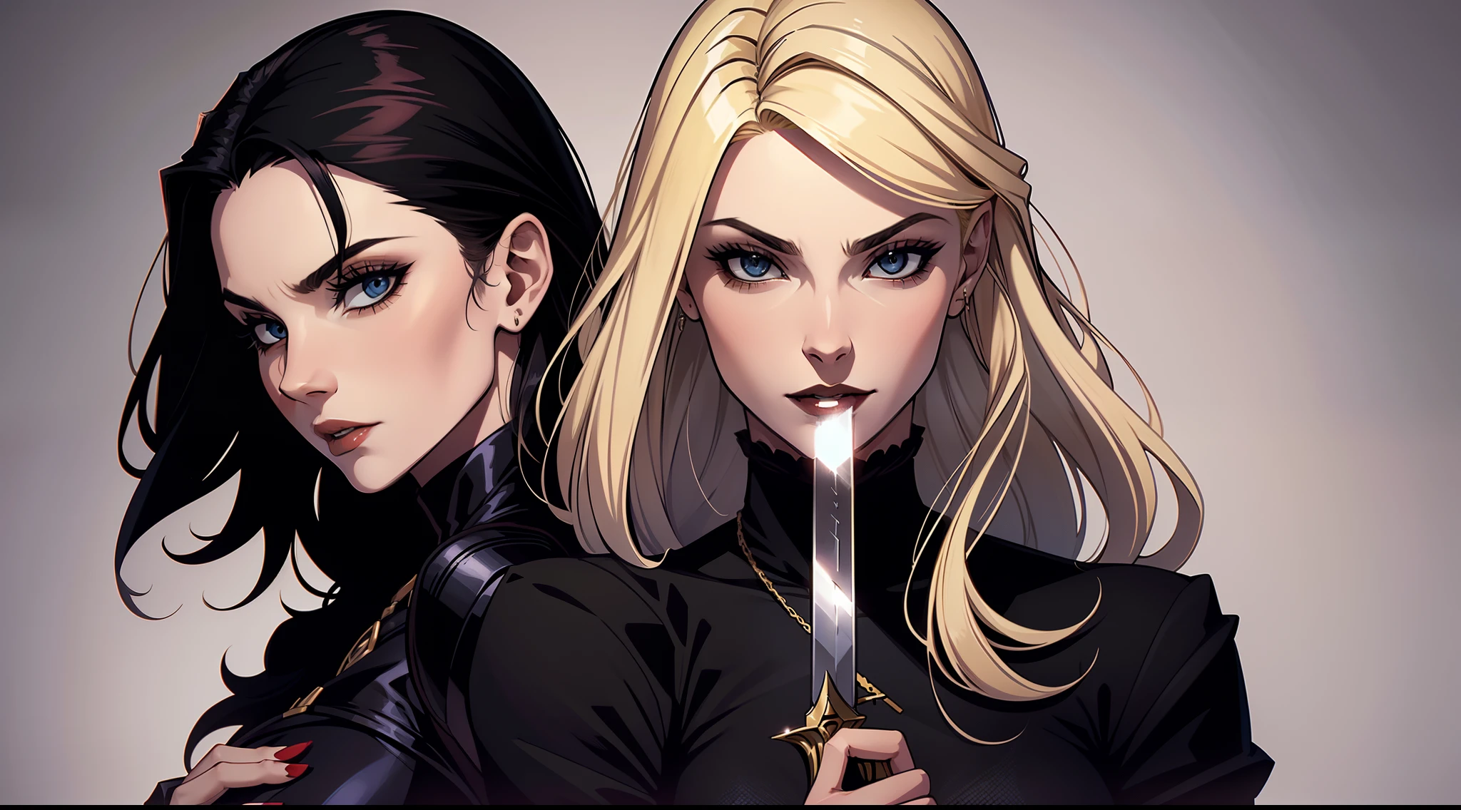 Two women, a blonde vampire, in cold clothes, a human with black hair, holding a sword, on a white background