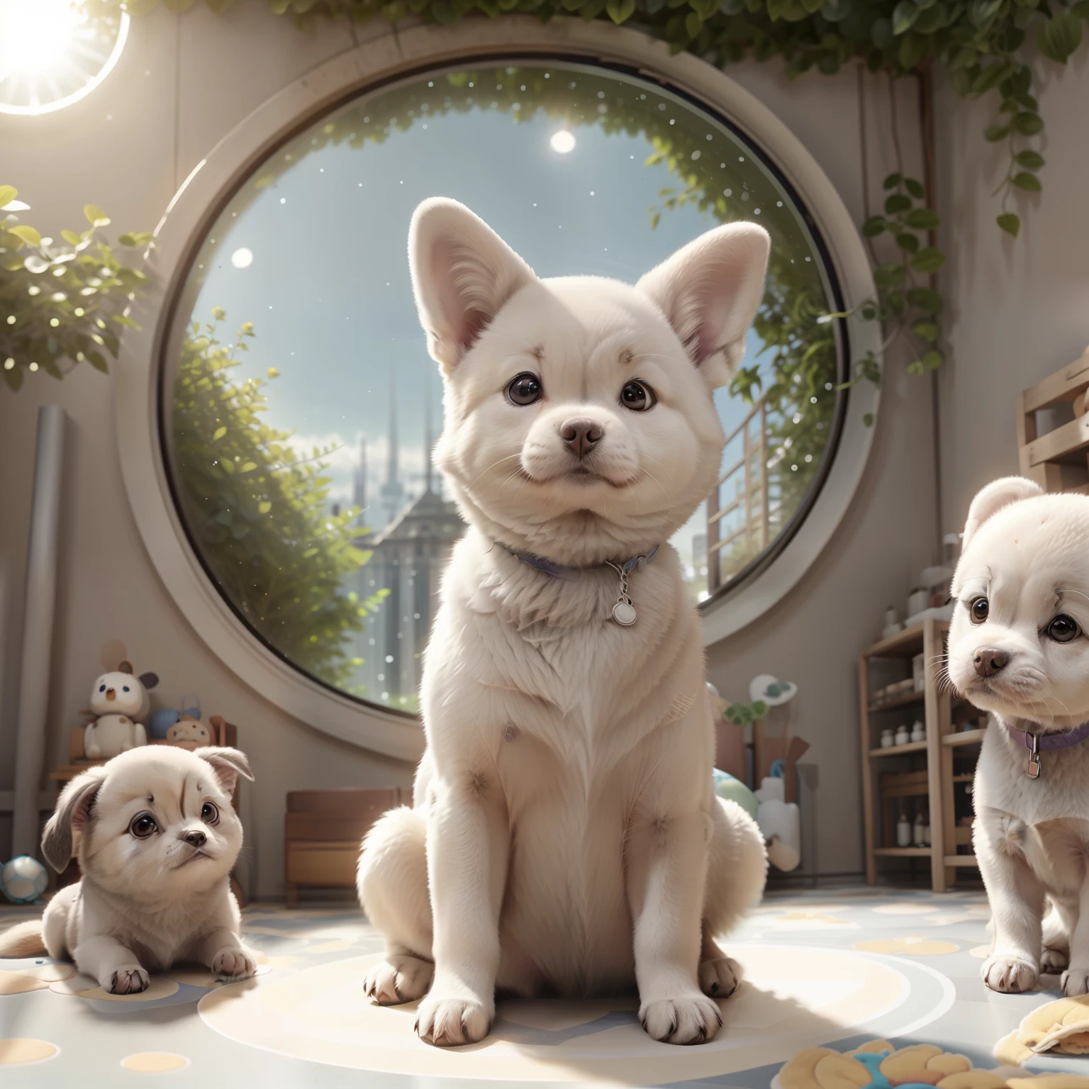 3d flufly , Realistic adult Samoyede, Faire une pose de chien, mignon et adorable, cute big circular reflective eyes, Rendu Pixar, Unreal Engine Cinematic Smooth, intricate high detail, cinematic, dans le jardin