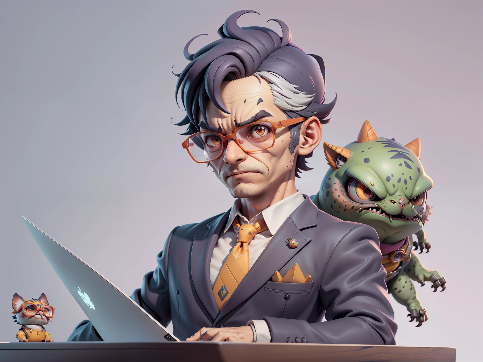 A young man in a suit, Short hair and glasses sat at his desk，holding laptop，digitial painting，tigre，3D character design by Mark Clairen and Pixar and Hayao Miyazaki and Akira Toriyama，4K HD illustration，Very detailed facial features and cartoon-style visuals。