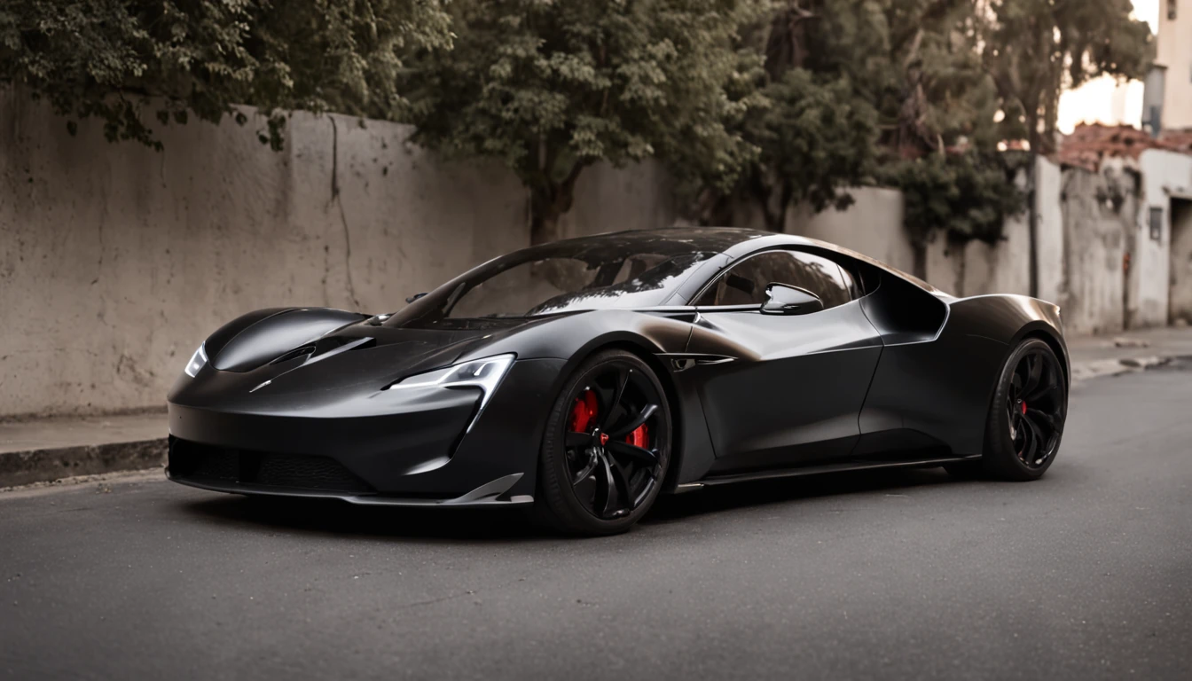 Retrato de arte de rua inspirado em Banksy, (Garagem da cidade de Gotham) (Tesla Batmobile) O Tesla {{{Batmobile}}}, Uma maravilha da engenharia e do design, casa com o elegante, futuristic aesthetic of Tesla's design ethos with the menacing and intimidating persona of Batman's ride. Enfeitado em um fundo, brilho negro-obsidiano que parece beber a luz circundante, o carro exala um poder silencioso, como se o mero ar ao seu redor fosse carregado de potencial bruto. Its contours and lines are aggressive, mas elegantes, um predador pronto para atacar, em contraste gritante com o grimy, Gotham City Garage Urban Expansion.