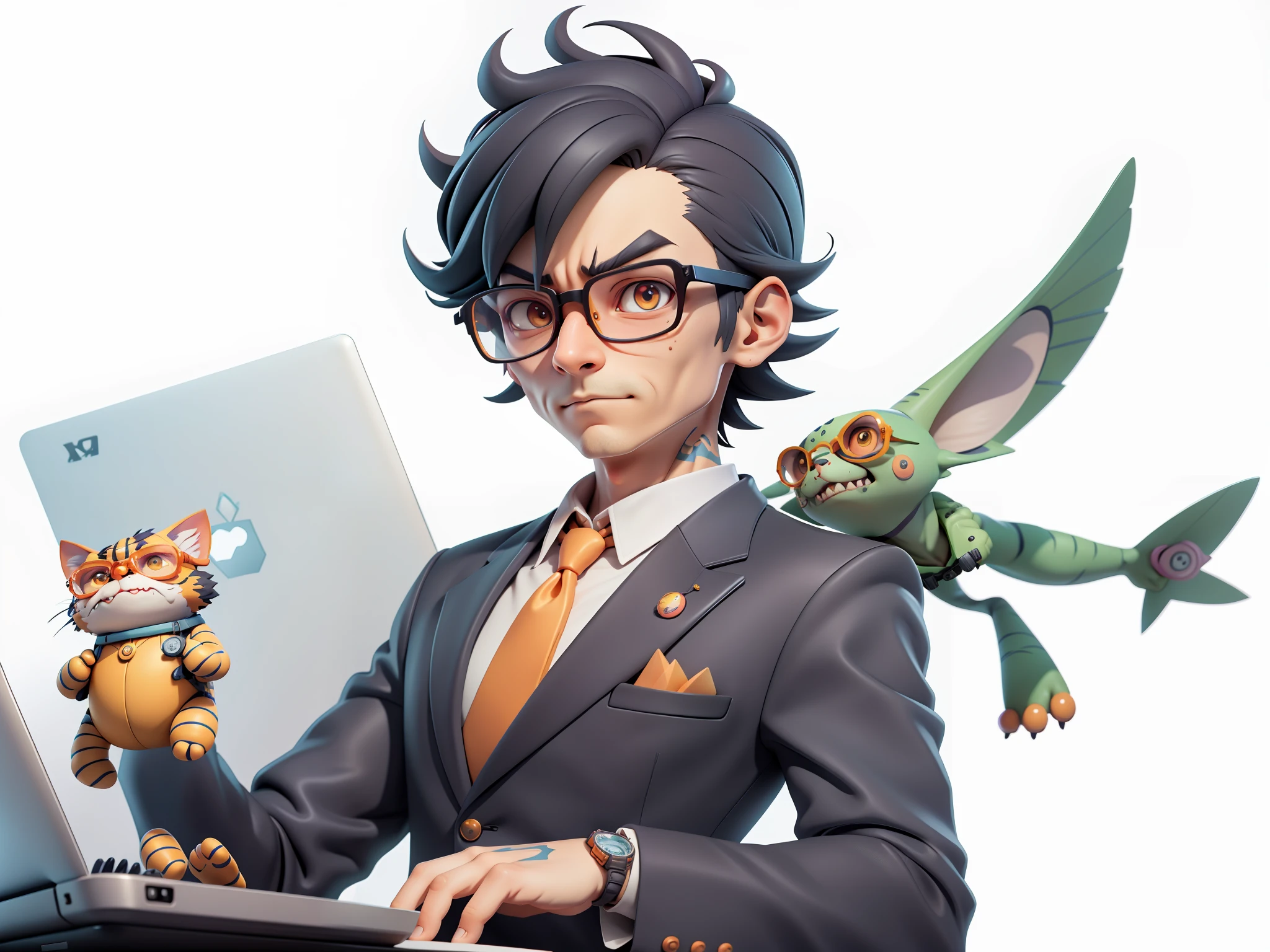 A young man in a suit, Short hair and glasses sat at his desk,holding laptop,digitial painting,tigre,3D character design by Mark Clairen and Pixar and Hayao Miyazaki and Akira Toriyama,4K HD illustration,Very detailed facial features and cartoon-style visuals。