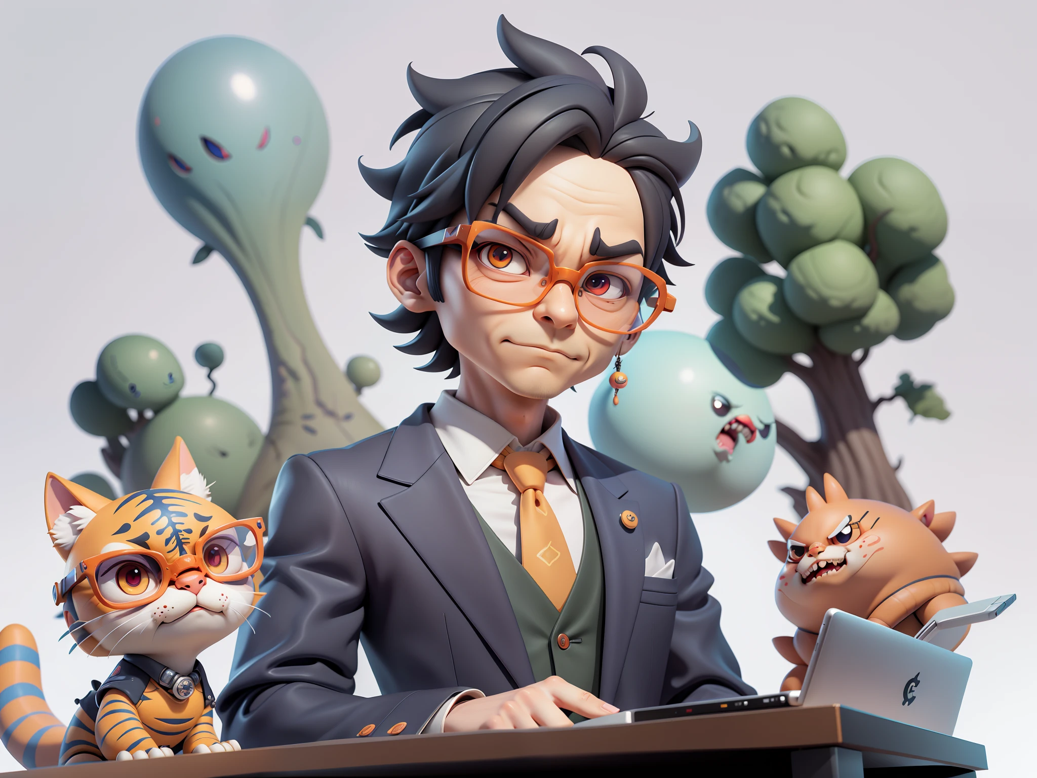 A young man in a suit, Short hair and glasses sat at his desk,holding laptop,digitial painting,tigre,3D character design by Mark Clairen and Pixar and Hayao Miyazaki and Akira Toriyama,4K HD illustration,Very detailed facial features and cartoon-style visuals。