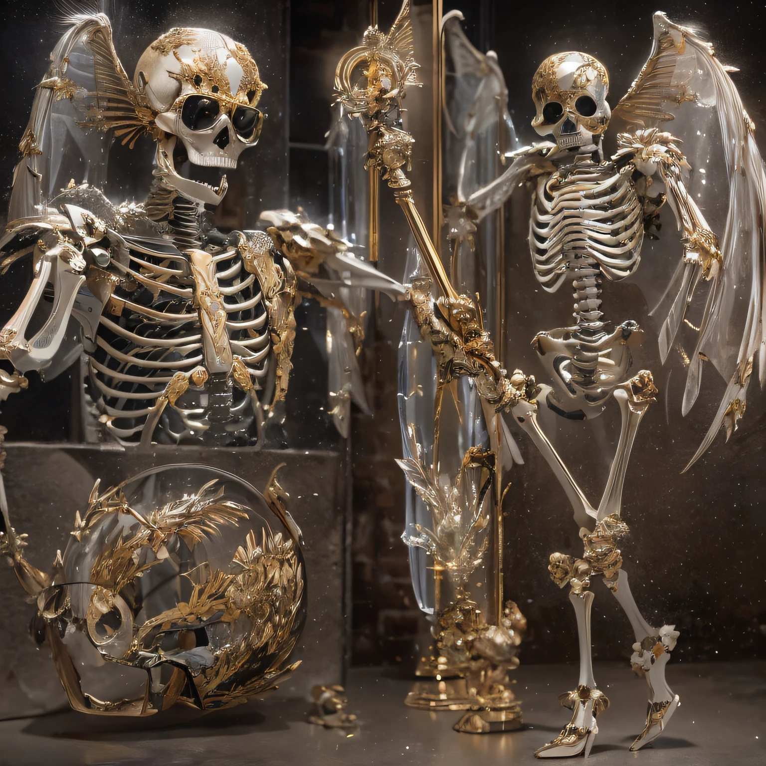 baton,Transparent wings,Magic wand,Wear thick gold-framed reflective sunglasses,32K(tmasterpiece,k hd,hyper HD,32K)Burgundy double ponytail,The Silver Skull Jewelry District in the backstreets,Indigo Skull King ,Skeleton protector (The skeleton is realistic:1.4),Skull pattern robe,Silver skull flower ornaments,Petals flutter,Colored ball head,Hold your head high,Be proud,The nostrils look at people, A high resolution, the detail, RAW photogr, Sharp Re, Nikon D850 Film Stock Photo by Jefferies Lee 4 Kodak Portra 400 Camera F1.6 shots, Rich colors, ultra-realistic vivid textures, Dramatic lighting, Unreal Engine Art Station Trend, cinestir 800,Hold your head high,Be proud,The nostrils look at people,Tsundere,Petals flutter,Petals flutter,Sprinkle with gold dust,Fluttering,Impeccable,( reasonable design, Clear lines, High sharpness,Best quality, Very detailed skeleton, The skeleton of a masterpiece, offcial art, movie light effect, 4K skeleton(((Wear thick gold-framed reflective sunglasses)))Transparent wings,(baton)(Baton in hand)(Giant stick)baton,