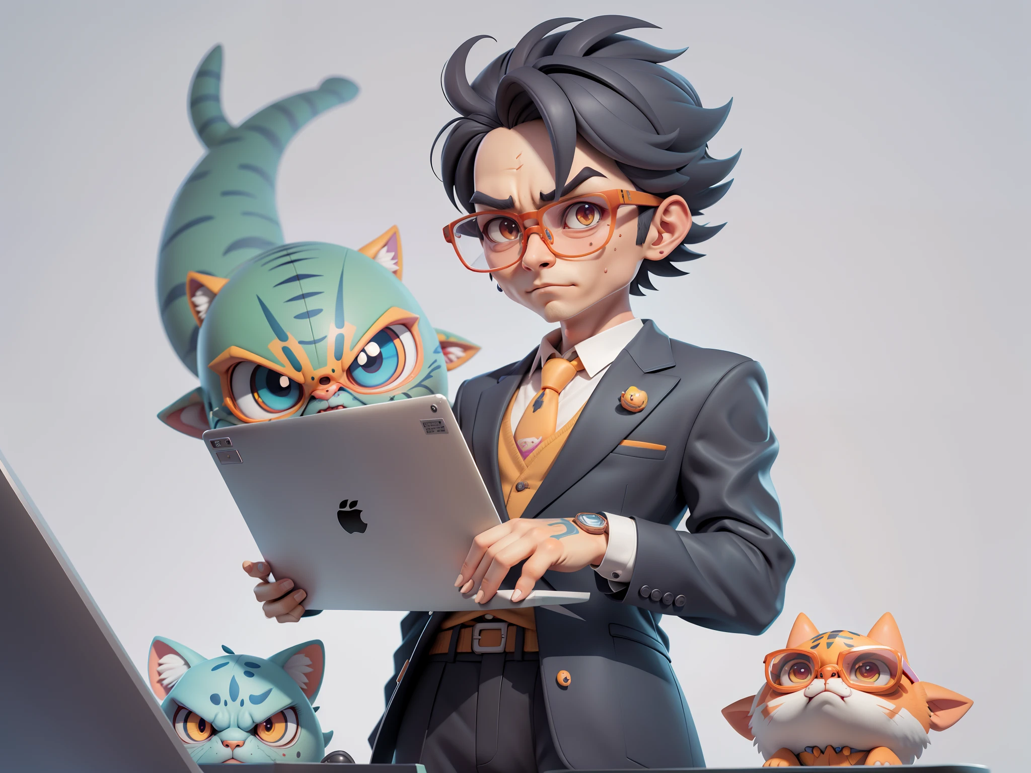 A young man in a suit, Short hair and glasses sat at his desk,holding laptop,digitial painting,tigre,3D character design by Mark Clairen and Pixar and Hayao Miyazaki and Akira Toriyama,4K HD illustration,Very detailed facial features and cartoon-style visuals。