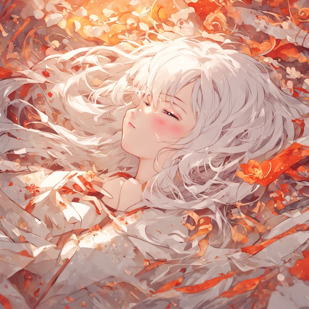 (White background:1.4),(The girl was lying on the ground, Eyes closed, Long white hair, Oriental elements),(Chinese illustration:1.3,paper art:1.3, Quilted paper art:1.2),( reasonable design, Clear lines, High sharpness,Best quality, Very detailed, Masterpiece, movie light effect, 4K )