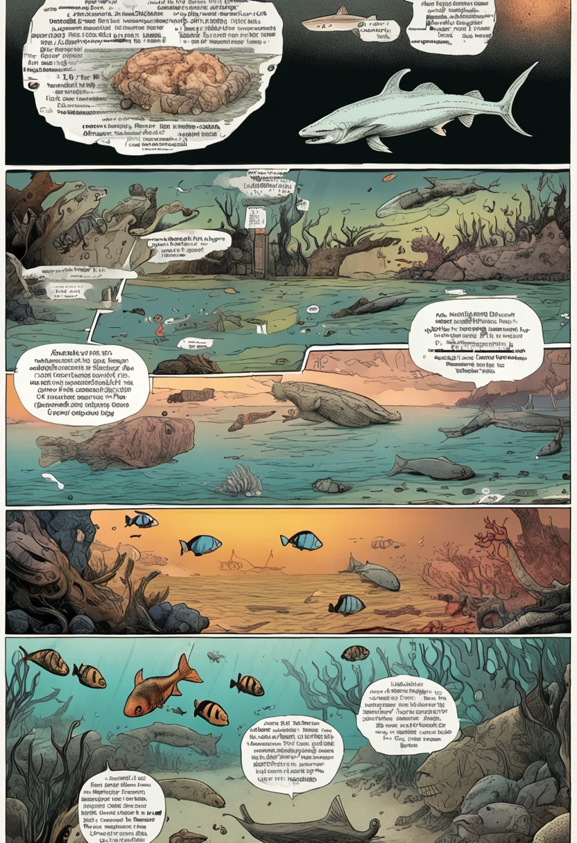 Eschatological, Abandoned, ocean floor,abyssal,Nuclear contamination,jpn,Underwater world,An underwater world contaminated by nuclear sewage,Polluted oceans,Floating rotten fish dead shrimp,Radiant mutated octopus,Mutant fish,A dying dolphin,Turbid sewage,Poor sea creatures,Mutations in marine biogenes,Radioactive material,Messy,helpless,Dark colors,epic realistic,Ultra-high detail,Photographic lenses,Faint sunlight shines from above the bottom of the water,