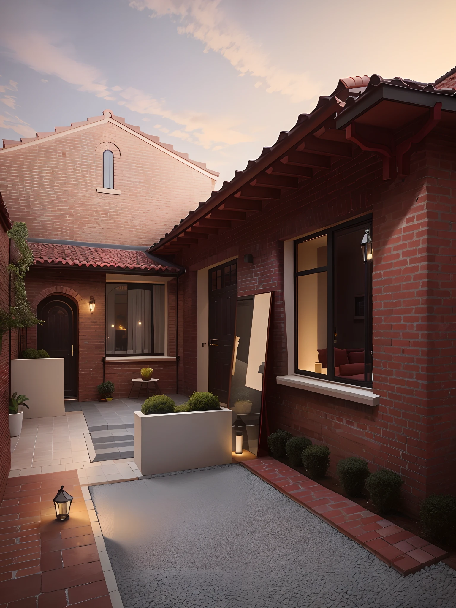Single storey red brick villa,(((European style red brick villa))),Small modern courtyard,There is wisteria in the middle of the brick wall,Grey and white stone paved courtyard,There are rectangular bushes,The large windows on both sides contrast strikingly,Dark multi-faceted roof,Red brick façade modeling,Elegant and simple European-style brick building,Small modern courtyard，Soft courtyard lighting