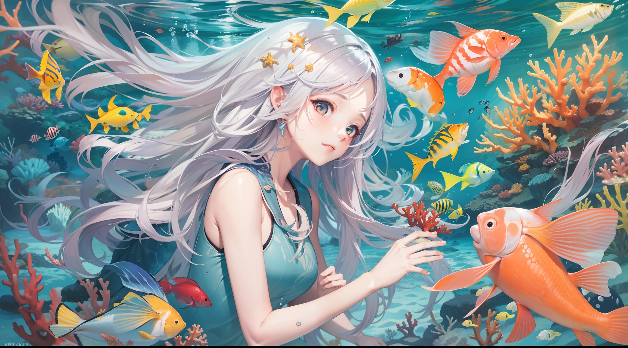 A colorful and diverse underwater world,(ocean floor、Marine life、Beautiful coral reef、The fish),Messy painting style,Hair flows in water