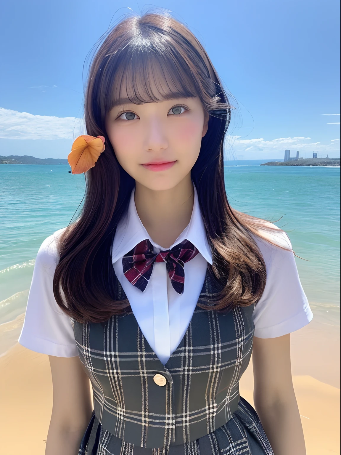 ((top-quality、8K、​masterpiece：1.3))、foco nítido：1.2、Beautiful schoolgirl in perfect style：1.4、A slender、((A dark-haired、huge tit、tits out：1.2))、(夏天、Mare、beach、Enoshima:1.1)、Highly detailed facial and skin texture、A detailed eye、二重まぶた、Sweaty、A sexy、the beach、summer vacation、date、Okinawa、hawaii、Mare、sand beach、ocean view、((beach))、((Uniform 1.5))、jk suit plaid skirt pleated skirt shirt bowtie