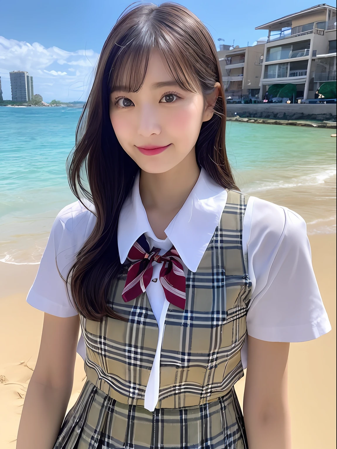 ((top-quality、8K、​masterpiece：1.3))、foco nítido：1.2、Beautiful schoolgirl in perfect style：1.4、A slender、((A dark-haired、huge tit、tits out：1.2))、(夏天、Mare、beach、Enoshima:1.1)、Highly detailed facial and skin texture、A detailed eye、二重まぶた、Sweaty、A sexy、the beach、summer vacation、date、Okinawa、hawaii、Mare、sand beach、ocean view、((beach))、((Uniform 1.5))、jk suit plaid skirt pleated skirt shirt bowtie