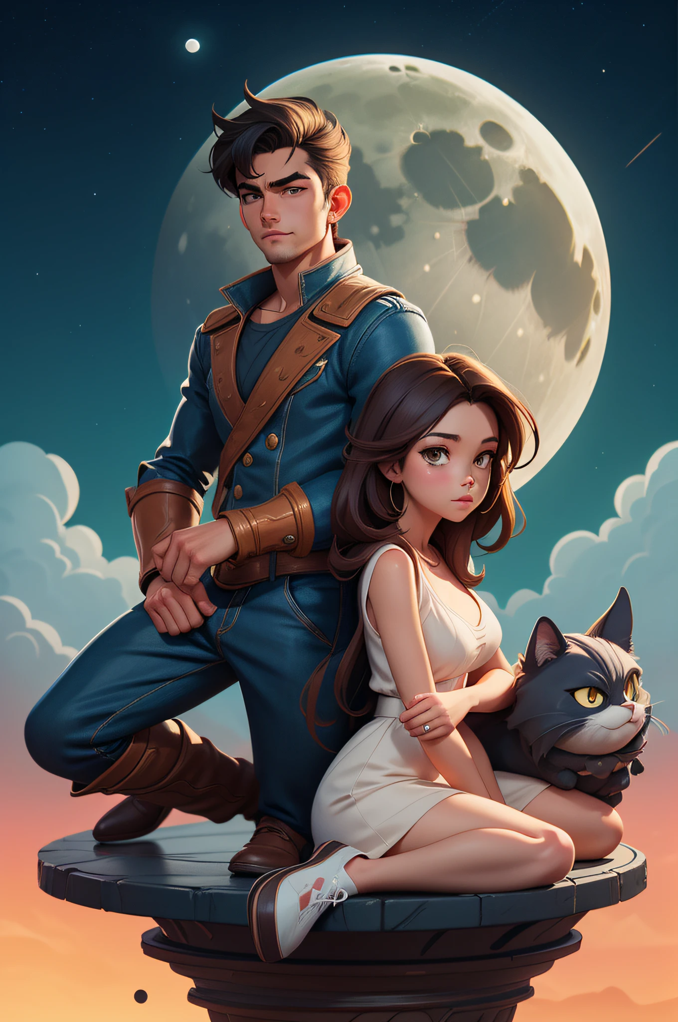 Blend of comic book art and lineart in full natural colors , a couple, a woman sitting on the edge near the moon , looking at the moon , with handsome man