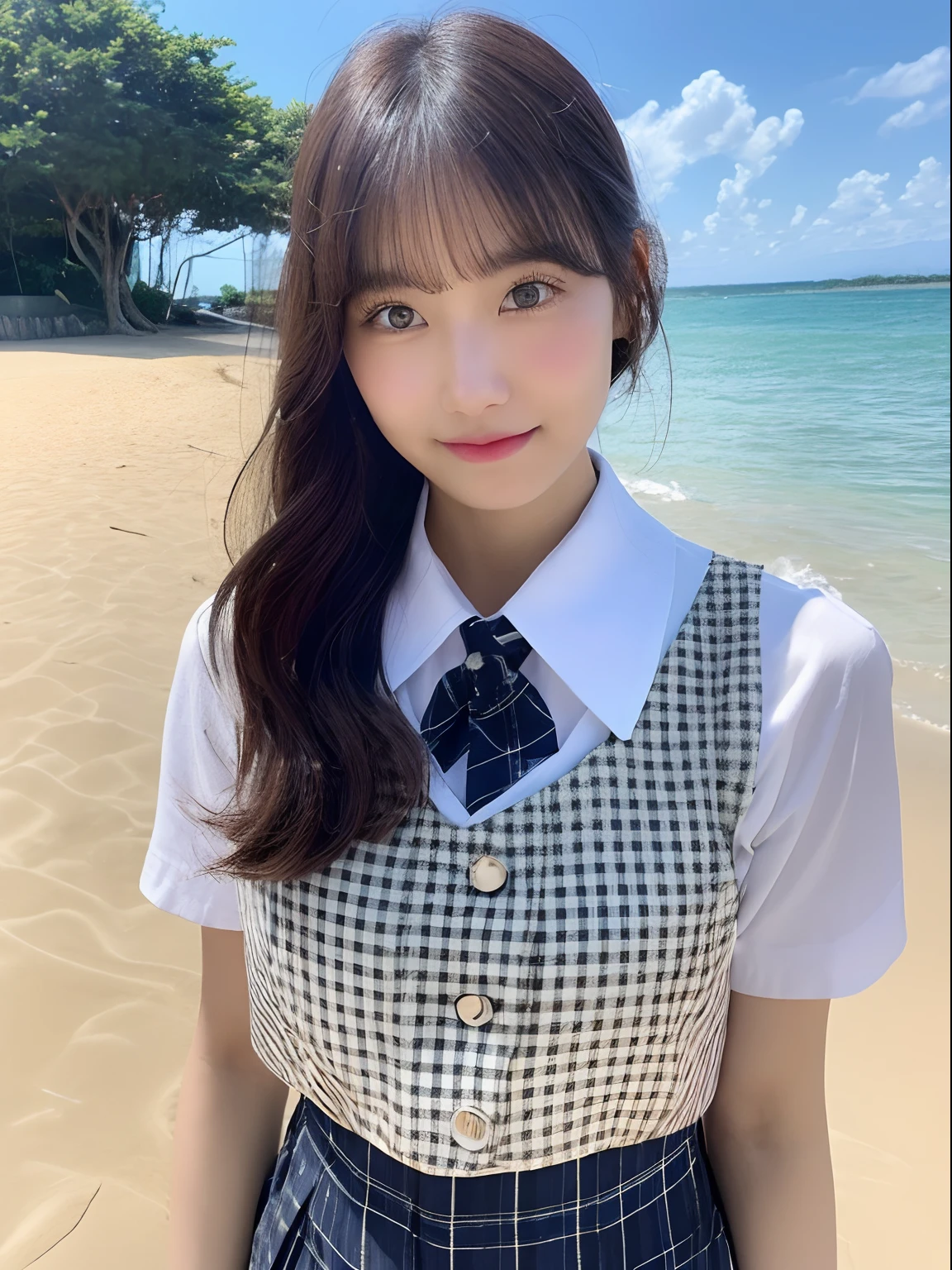 ((top-quality、8K、masterpiece:1.3))、foco nítido:1.2、Beautiful girl in perfect style:1.4、A slender、((A dark-haired、huge tit、tits out:1.2))、(夏天、Mare、beach、Enoshima:1.1)、Highly detailed facial and skin texture、A detailed eye、二重まぶた、Sweaty、A sexy、the beach、summer vacation、date、Okinawa、hawaii、Mare、sand beach、ocean view、((beach))、((Uniform 1.5))、jk suit plaid skirt pleated skirt shirt bowtie