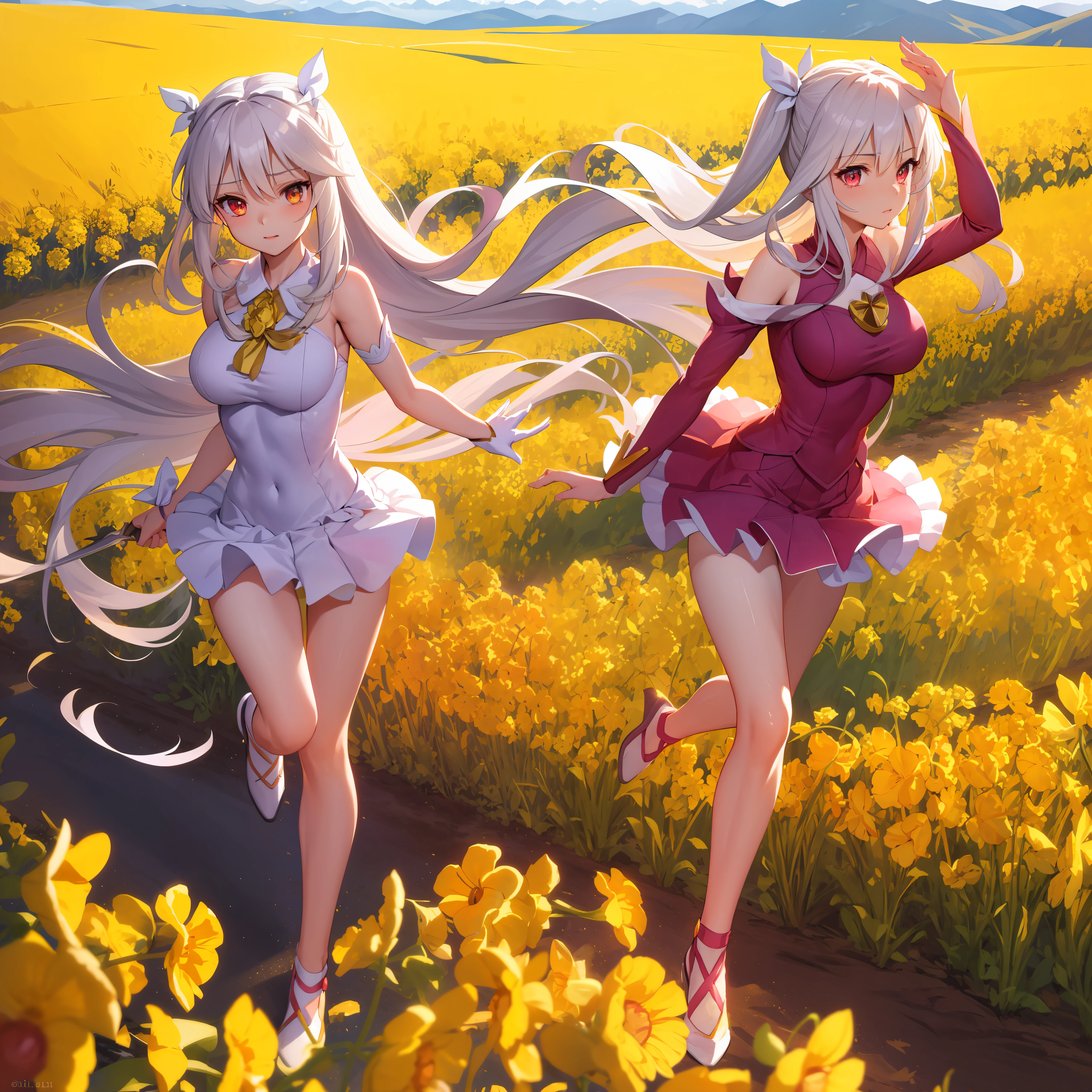 Masterpiece: 1.2), (Best Quality: 1.2), Detailed, Canola Flower Field, Running, Lori, Illya, Magical Girl Illya, Big Breasts