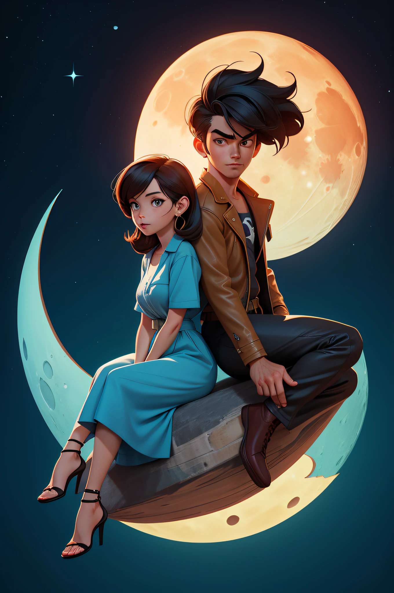 Blend of comic book art and lineart in full natural colors , a couple, a woman sitting on the edge near the moon , looking at the moon , with handsome man