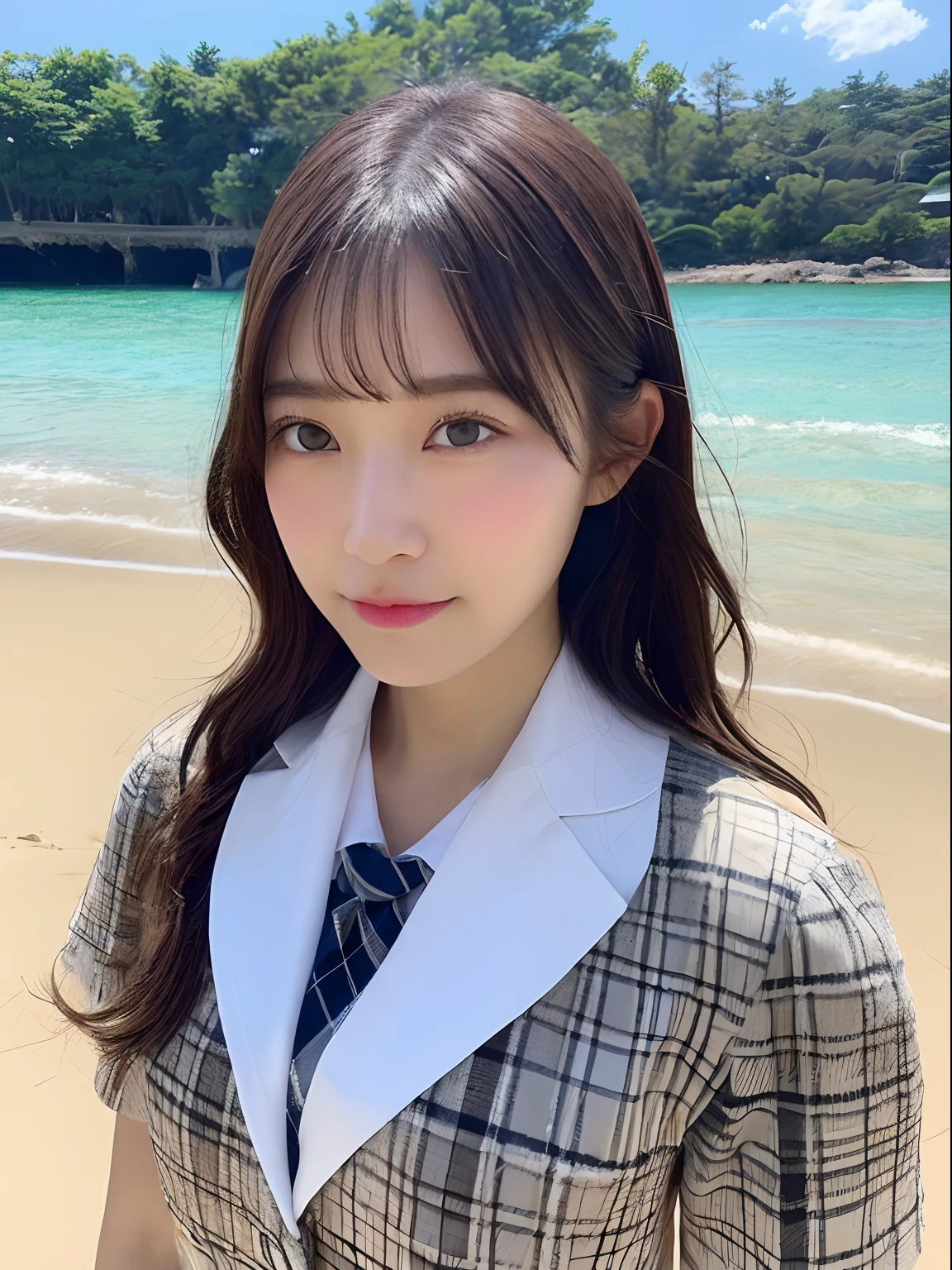 ((top-quality、8K、​masterpiece：1.3))、foco nítido：1.2、Beautiful girl in perfect style：1.4、A slender、((A dark-haired、huge tit、tits out：1.2))、(夏天、Mare、beach、Enoshima:1.1)、Highly detailed facial and skin texture、A detailed eye、二重まぶた、Sweaty、A sexy、the beach、summer vacation、date、Okinawa、hawaii、Mare、sand beach、ocean view、((beach))、((Uniform 1.5))、jk suit plaid skirt pleated skirt shirt bowtie