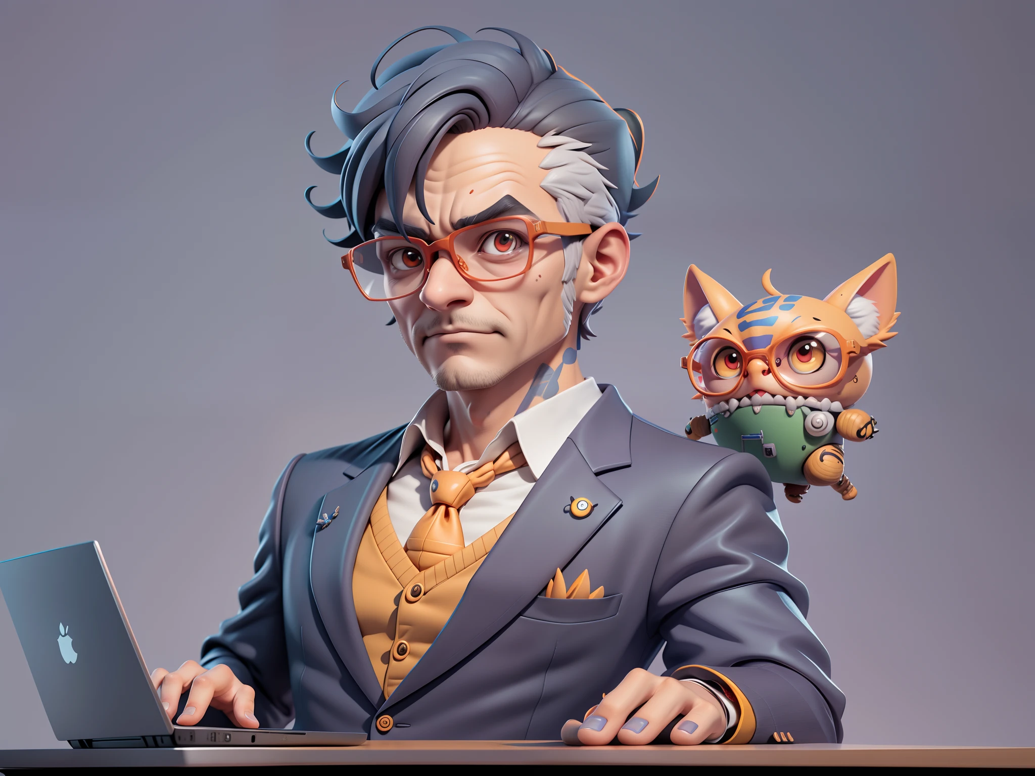 A young man in a suit, Short hair and glasses sat at his desk,holding laptop,digitial painting,tigre,3D character design by Mark Clairen and Pixar and Hayao Miyazaki and Akira Toriyama,4K HD illustration,Very detailed facial features and cartoon-style visuals。
