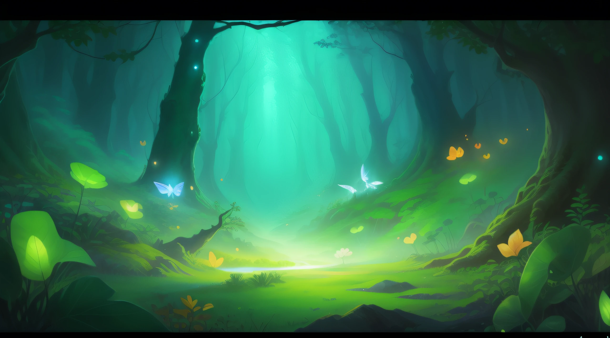 Cartoon illustration of forest with glowing fireflies and streams, background artwork, magical forest backround, magical forest background, arte de fundo, elf forest background, magic fairy forest, Magical background, Magical environment, magical fairy background, fairy kingdom forest, lush fairy forest, mystical forest background, concept art magical highlight, fantasy forest background, enchanted magical fantasy forest