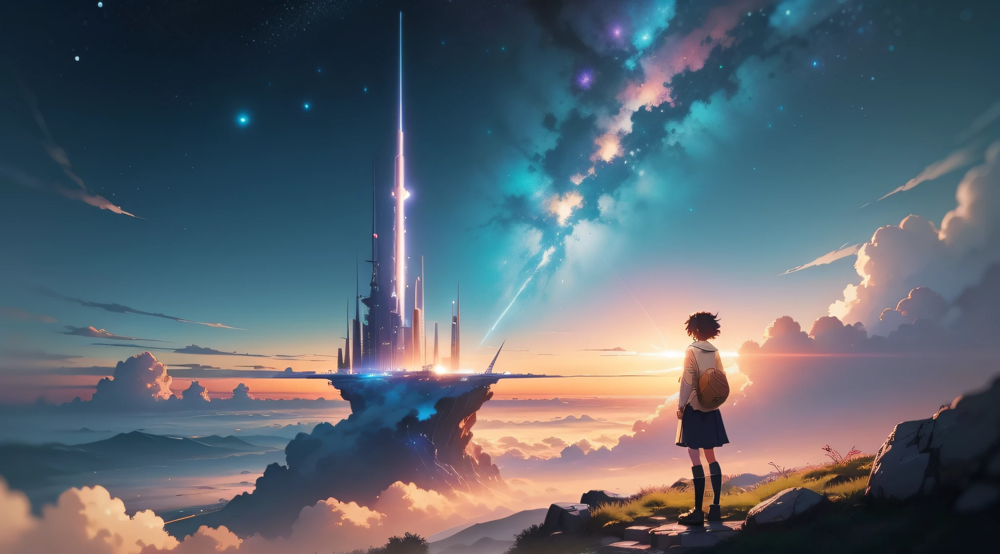 Makoto Shinkai's concept art，tumblr，magic realism，beautiful anime scenes，Cosmos Sky。 by makoto shinkai, ( ( makoto shinkai ) ), Anime background art, anime backgrounds, Makoto Shinkai's style, anime movie backgrounds, the milky way express，without humans。