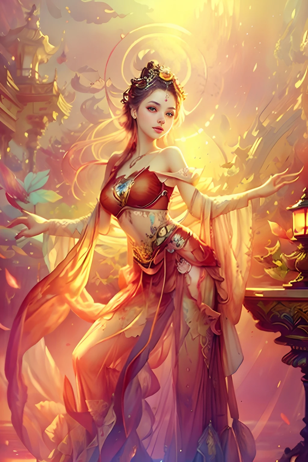 art of Vladimir Volegov,
beautiful caucasian girl, ultra hd detailed painting, beautiful face and eyes, modern portrait,
digital art, Jean-Baptiste Monge Style, bright, beautiful, splattered,

Bright, cute and adorable, filigree, edge lighting, lights, extremely magical, surreal, fantasy, digital art, wlop, artgerm and james jean. full body, garden with pond, sunset red clouds, lamp, lantern, floating antique clock,
transparent clothes, vikini, pond of water,