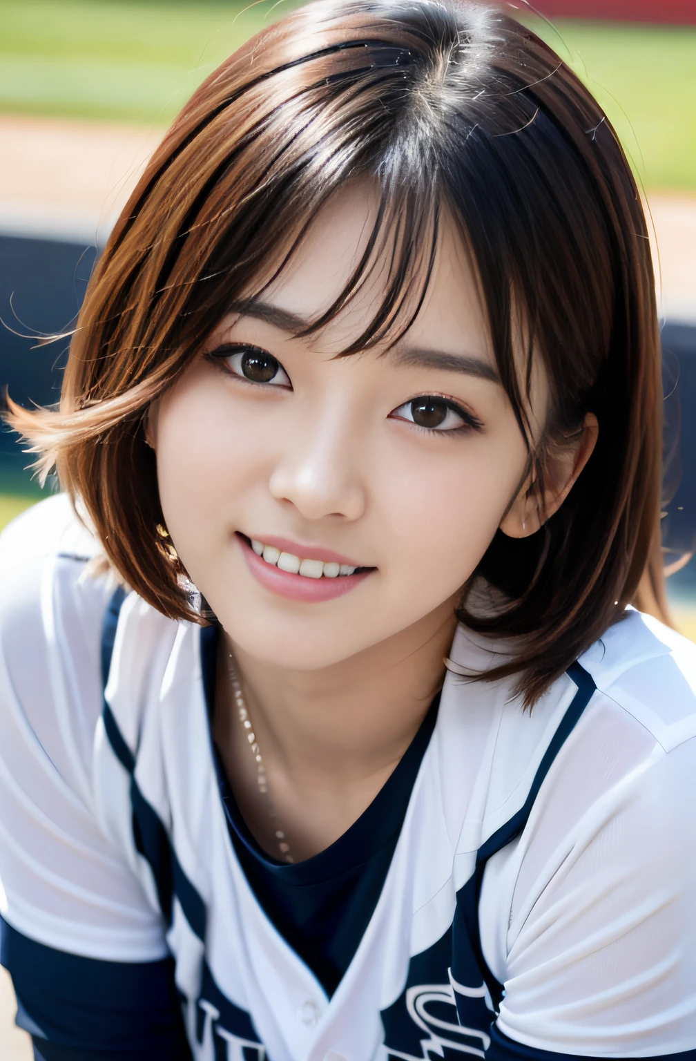 (8K, Raw-Photo, Top Quality, masterpiece: 1.2), masterpiece, super detaill, 超High Resolution A, (realistic and realistic photo: 1.37), High Definition RAW Color Photography, very delicate and beautiful., ighly Details, 8K wallpaper, astonishing, The Details, very detail eyes, highlydetailed skin, extremely detailed fingers, extremely detailed nose, highly detail mouth, perfect anatomia,1girll, (Baseball Uniforms), hazy, blured background, blurred foreground, blush, Braid, pectorals, depth of fields, Eyebrows Visible Through Hair, Frild, Hair between eyes, baseball stadium, jewellery, looking up at viewer, Short hair, Solo, tits huge、乃木坂アイドル、韓国アイドル、hposing Gravure Idol、pornstar、18 years-old、Tall、韓国アイドル、乃木坂アイドル、pornstar、hposing Gravure Idol、((s whole body)), ((Gravure Pose)), ((Saxie pose)), ((full bodyesbian)), Crotch open, Lying Down, Wide crotch, sensual, Sensation