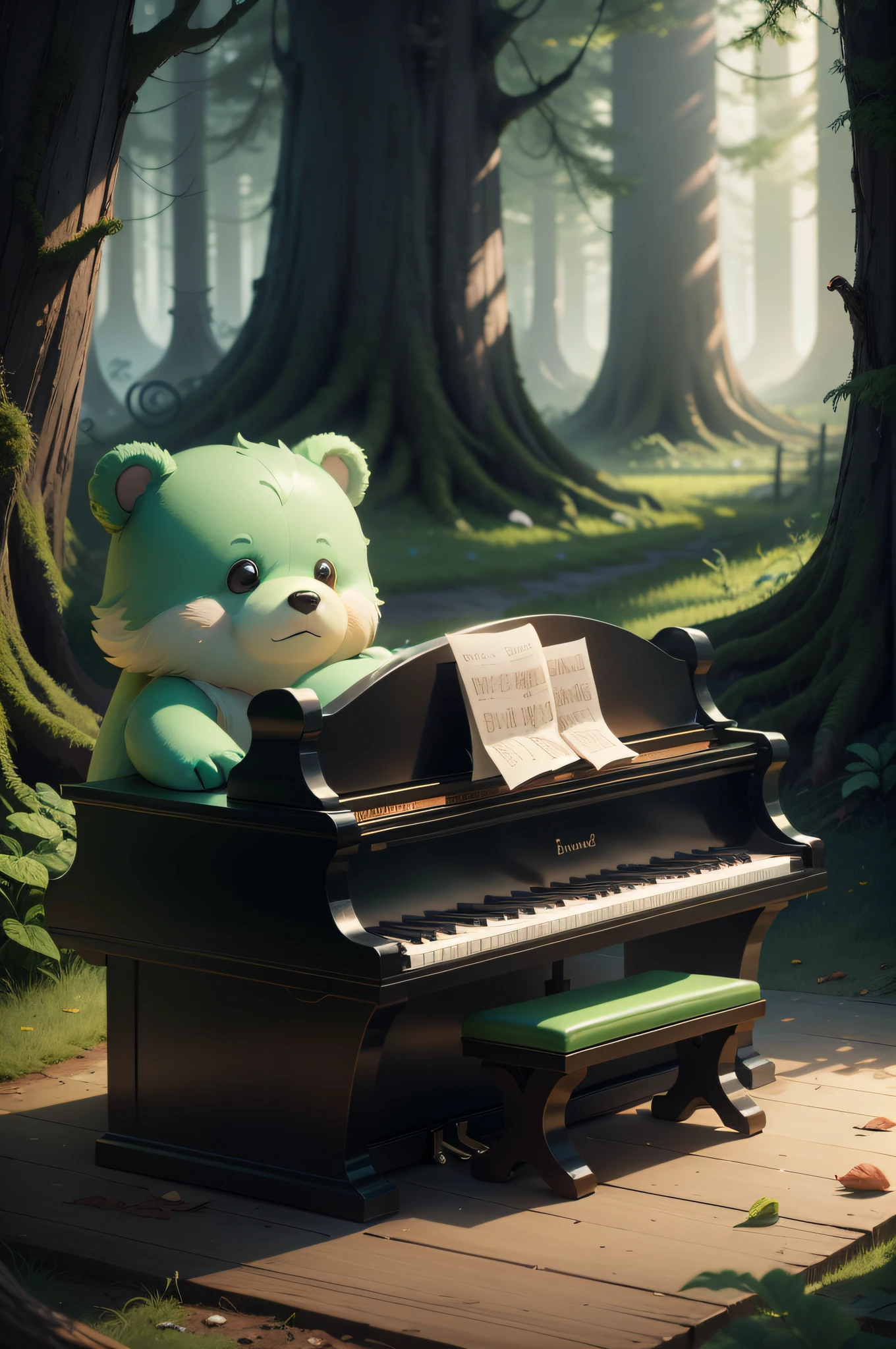 Cute cartoon bear, pianos, Cartoony, A high resolution, Fluorescence, Blind box toy style，large scene，Forest with lots of trees