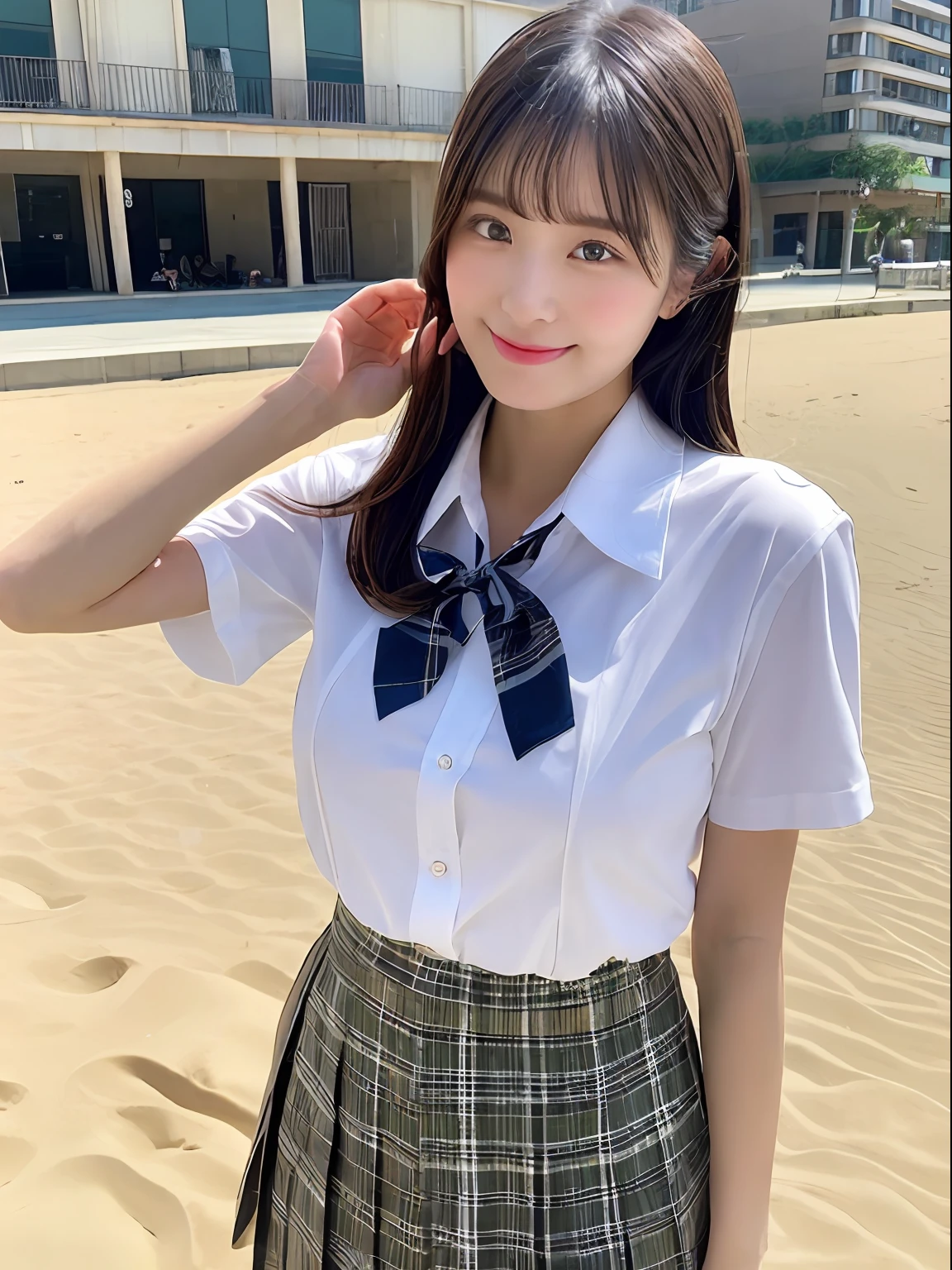((top-quality、8K、​masterpiece：1.3))、foco nítido：1.2、Beautiful schoolgirl in perfect style：1.4、A slender、((A dark-haired、huge tit、tits out：1.2))、(夏天、Mare、beach、Enoshima:1.1)、Highly detailed facial and skin texture、A detailed eye、二重まぶた、Sweaty、A sexy、the beach、summer vacation、date、Okinawa、hawaii、Mare、sand beach、ocean view、((beach))、((Uniform 1.5))、jk suit plaid skirt pleated skirt shirt bowtie