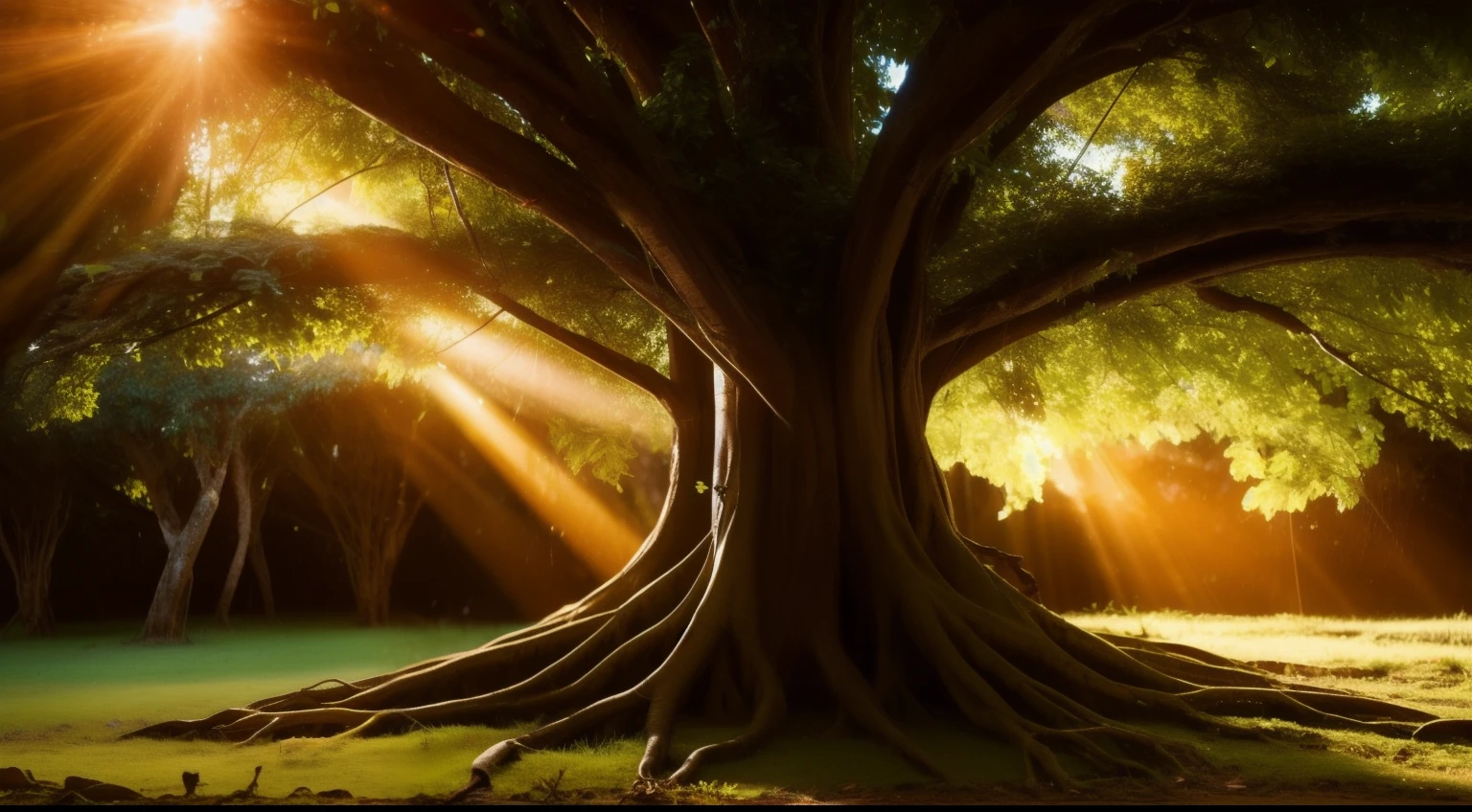 A single ceiba tree, en el monte, magic, Sacred, Mayan mystical tree alone, very thick tree that unites heaven and earth, strong big roots, thick bark, tronco muy grueso, ramas hinchadas , intrincated details, volumetric lights, golden hour