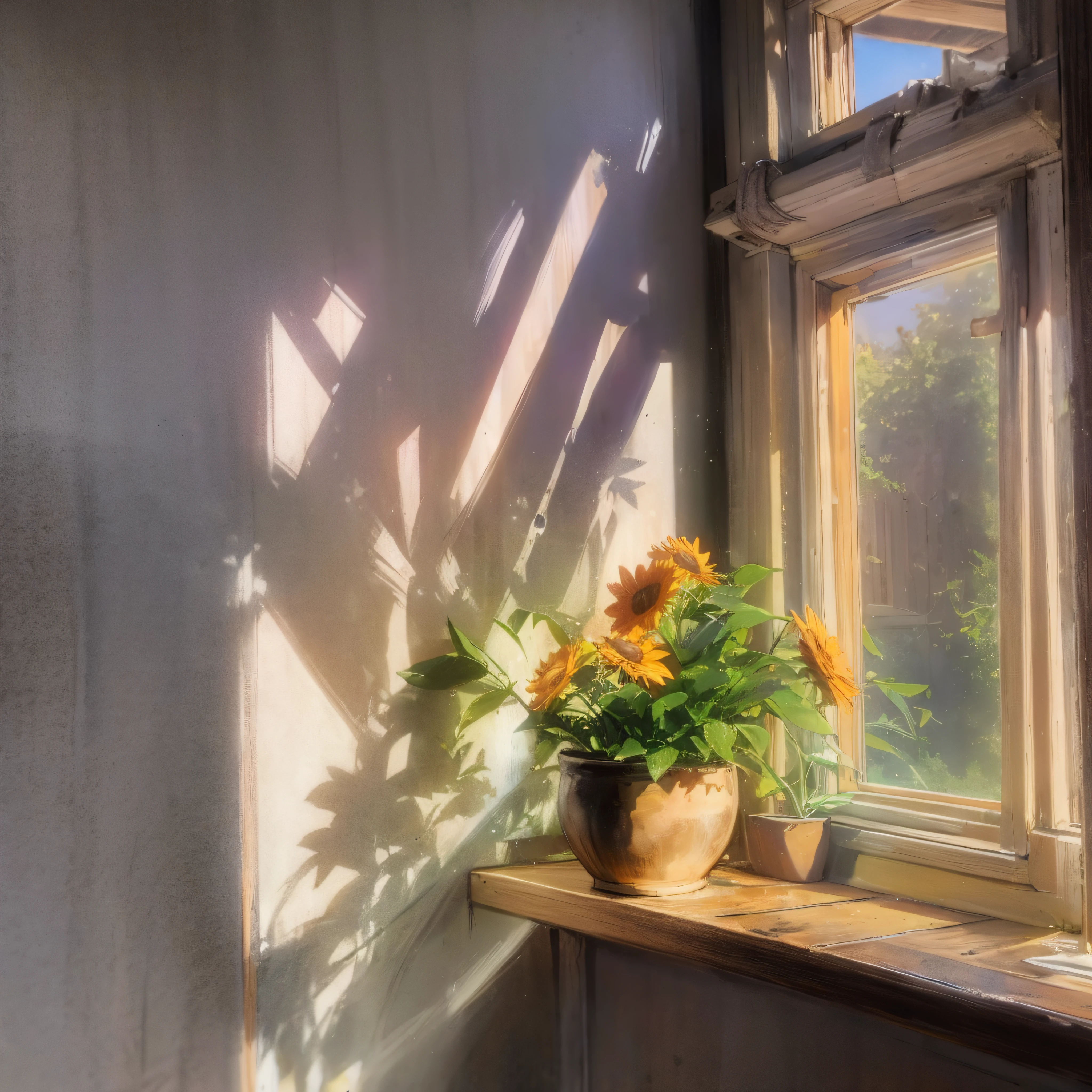 The sun shines on the windowsill