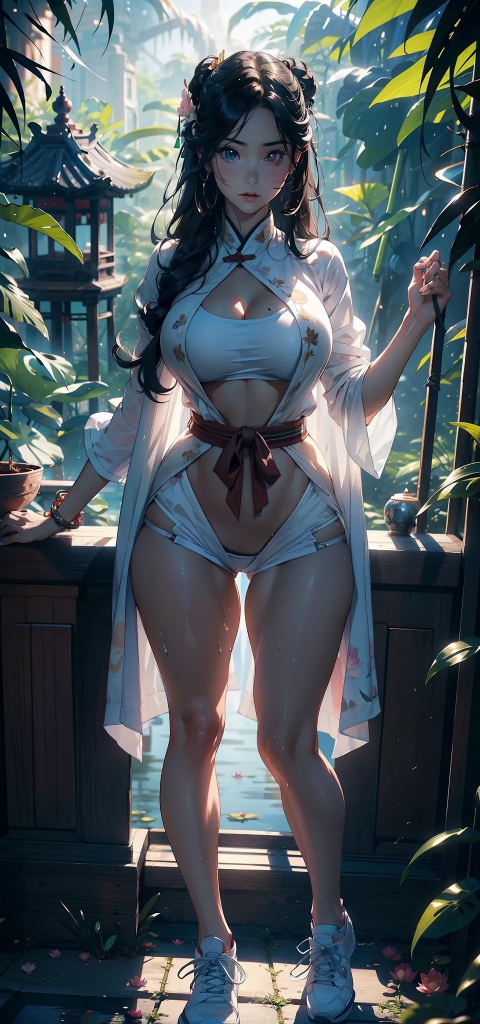 1female，35yo，熟妇，long leges，big breasts thin waist，Slim，hugebreast ，Pornographic exposure， 独奏，（Background with：bamboo forrest，lotuses，lotus flower，exteriors，Lotus pond） She has long black hair，standing on your feet，Sweat profusely，drenched all over the body，seen from the front， hair straight， mostly cloudy sky，（（（tmasterpiece），（Very detailed CG unity 8K wallpaper），best qualtiy，cinmatic lighting，detailed back ground，beatiful detailed eyes，Bright pupils，Black eyes，（Very fine and beautiful），（Beautiful and detailed eye description），ultra - detailed，tmasterpiece，）），facing at camera，A high resolution，ultra - detailed），revealing breasts，Bare genitalia，  Bulge，legs are open，Raised sexy，Camel toes，Flushed complexion，Open-mouthed，frontage，high school senior，（Wearing：Ancient Chinese school uniform，Sex shorts，athletic sneakers）Full body photo，Show shoes