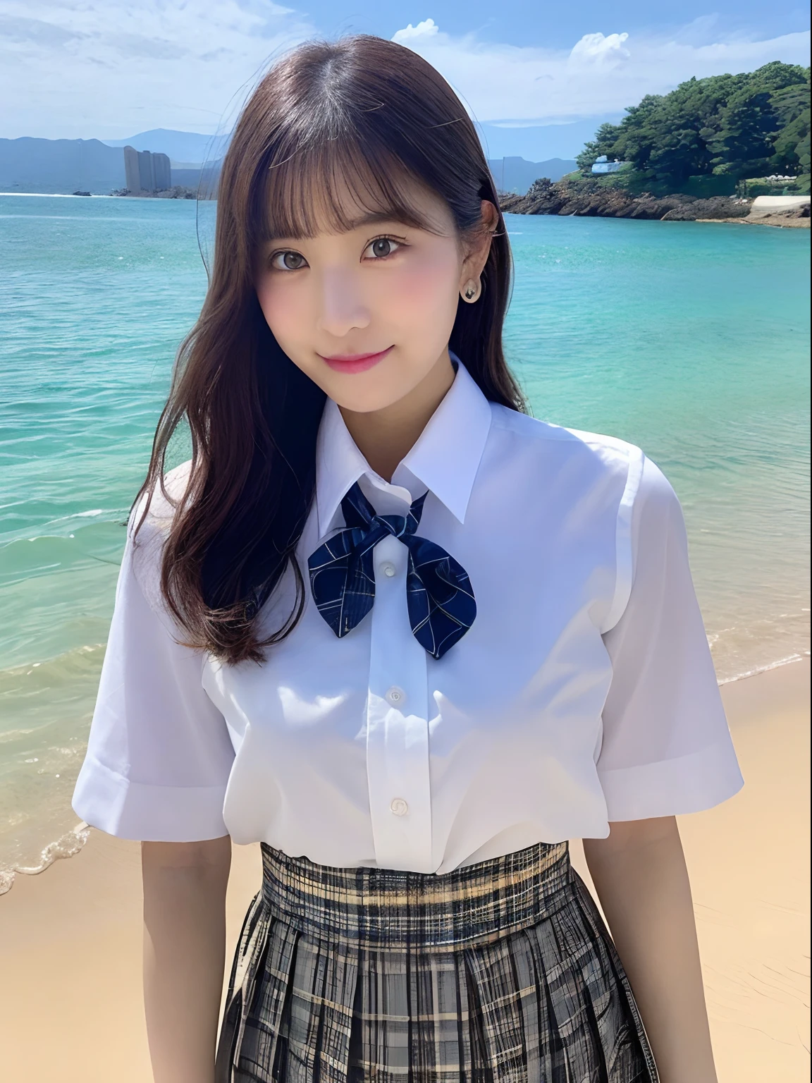 ((top-quality、8K、​masterpiece：1.3))、foco nítido：1.2、Beautiful schoolgirl in perfect style：1.4、A slender、((A dark-haired、huge tit、tits out：1.2))、(夏天、Mare、beach、Enoshima:1.1)、Highly detailed facial and skin texture、A detailed eye、二重まぶた、Sweaty、A sexy、the beach、summer vacation、date、Okinawa、hawaii、Mare、sand beach、ocean view、((beach))、((Uniform 1.5))、jk suit plaid skirt pleated skirt shirt bowtie