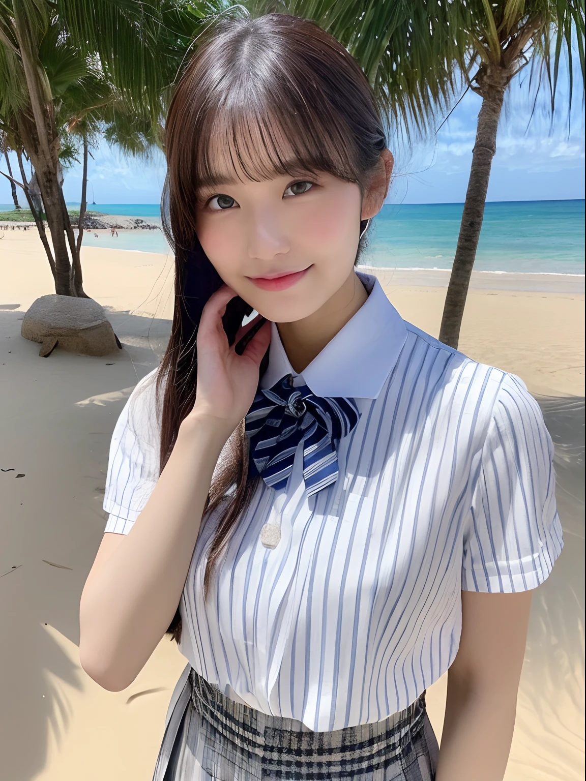 ((top-quality、8K、​masterpiece：1.3))、foco nítido：1.2、Beautiful schoolgirl in perfect style：1.4、A slender、((A dark-haired、huge tit、tits out：1.2))、(夏天、Mare、beach、Enoshima:1.1)、Highly detailed facial and skin texture、A detailed eye、二重まぶた、Sweaty、A sexy、the beach、summer vacation、date、Okinawa、hawaii、Mare、sand beach、ocean view、((beach))、((Uniform 1.5))、jk suit plaid skirt pleated skirt shirt bowtie