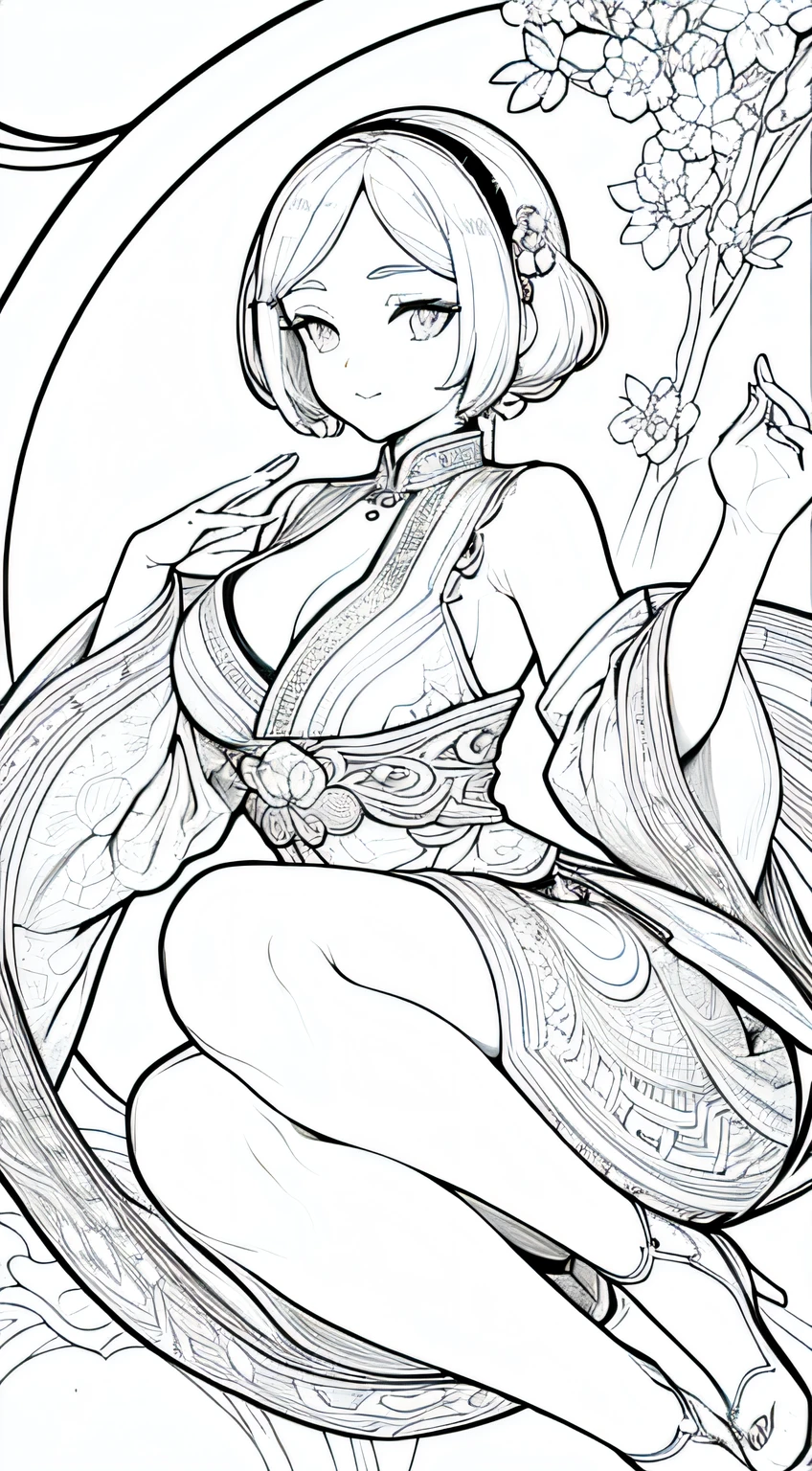 (Cloisonnism:1.2), white background, 1 girl, oriental elements, reasonable design, clear lines, (lineart. monochrome)