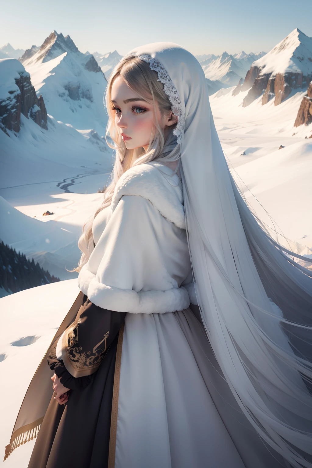Beautuful Women,snow mountains,long whitr hair,Faraway view