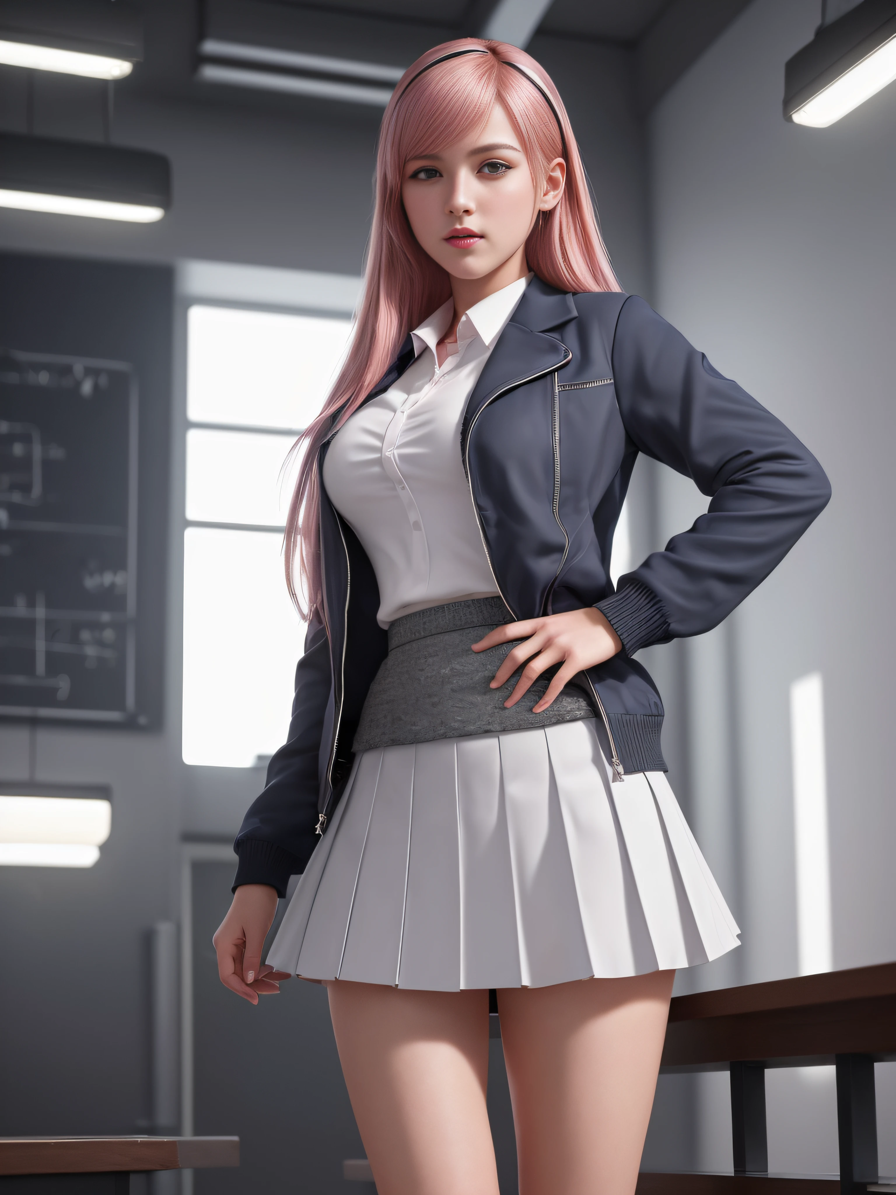 A 17-year-old European schoolgirl, in high school on a winter day, back looking over his shoulder, with the camera focused on his back, lustful and perverted, /((pink hair, perfectly ultra-detailed almond-shaped red eyes, white skin, thin lips, thin nose, tapered hands, highly detailed perfect fingers, hourglass body, perfect hips, small waist, shapely legs, Big chest, sexi)), /((Schoolgirl uniform: gray mini-skirt with pleats, white short-sleeve blouse, gray sweater, dark blue jacket)), hyperdetailed painting, luminism, Bar lighting, complex, 4k resolution concept art portrait by Greg Rutkowski, Artgerm, WLOP, Alphonse Mucha, high definition, cinematic, neoprene, behance contest winner, portrait featured on unsplash, stylized digital art, smooth, ultra high definition, 8k, unreal engine 5, ultra sharp focus, intricate artwork masterpiece, high definition, Luminous Studio graphics engine,