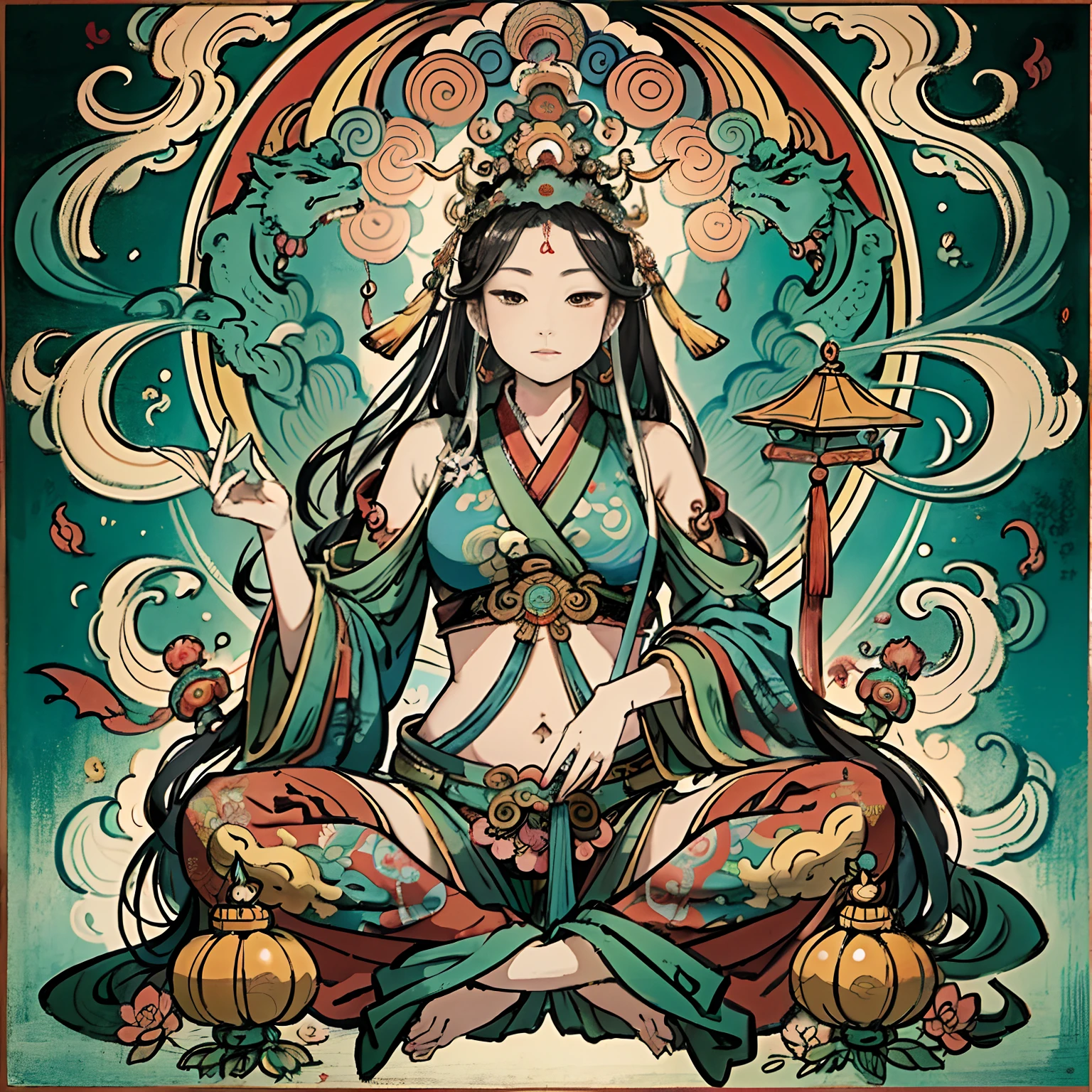 an ancient Chinese goddess, guanyin of the southern seas, Guanyin, Inspired by India, Avalokiteshvara rides a dragon,,Serene expression,shui mo hua,Buddha,Buddhist,Lotus,Chinese painting style,Thangka style