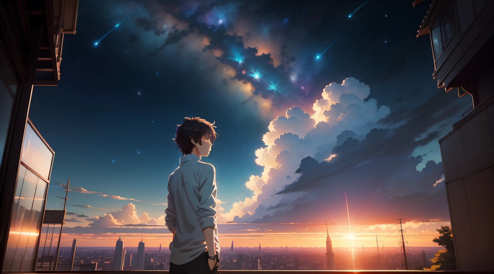Makoto Shinkai's concept art,tumblr,magic realism,beautiful anime scenes,Cosmos Sky。 by makoto shinkai, ( ( makoto shinkai ) ), Anime background art, anime backgrounds, Makoto Shinkai's style, anime movie backgrounds, the milky way express,without humans。