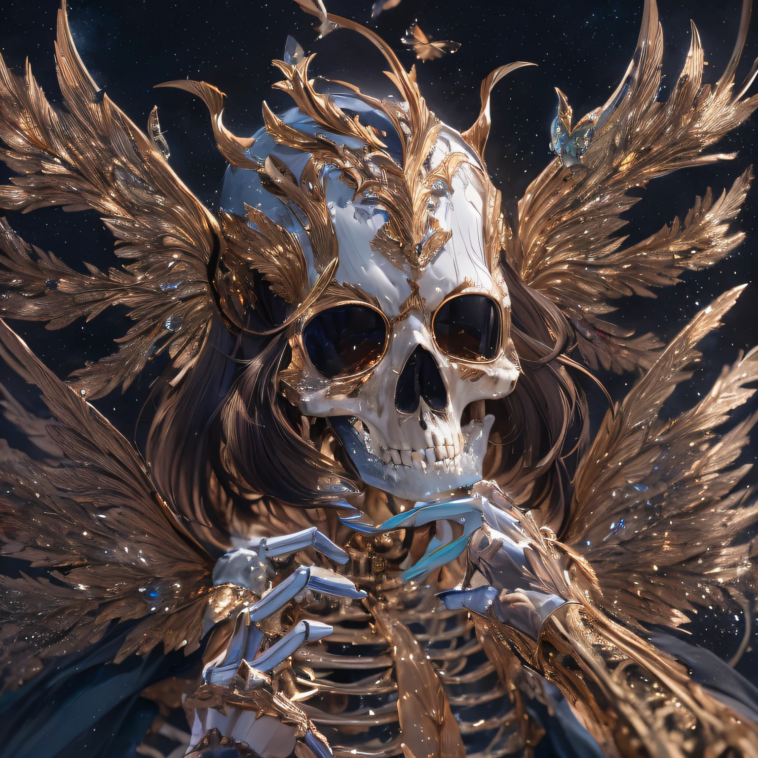 baton，Transparent wings，Magic wand，Wear thick gold-framed reflective sunglasses，32K（tmasterpiece，k hd，hyper HD，32K）Burgundy double ponytail，The Silver Skull Jewelry District in the backstreets，Indigo Skull King ，Skeleton protector （The skeleton is realistic：1.4），Skull pattern robe，Silver skull flower ornaments，Petals flutter，Colored ball head，Hold your head high，Be proud，The nostrils look at people， A high resolution， the detail， RAW photogr， Sharp Re， Nikon D850 Film Stock Photo by Jefferies Lee 4 Kodak Portra 400 Camera F1.6 shots, Rich colors, ultra-realistic vivid textures, Dramatic lighting, Unreal Engine Art Station Trend, cinestir 800，Hold your head high，Be proud，The nostrils look at people，Tsundere，Petals flutter，Petals flutter，Sprinkle with gold dust，Fluttering，Impeccable，( reasonable design, Clear lines, High sharpness,Best quality, Very detailed skeleton, The skeleton of a masterpiece, offcial art, movie light effect, 4K skeleton（（（Wear thick gold-framed reflective sunglasses）））Transparent wings，（baton）（Baton in hand）（Giant stick）baton，