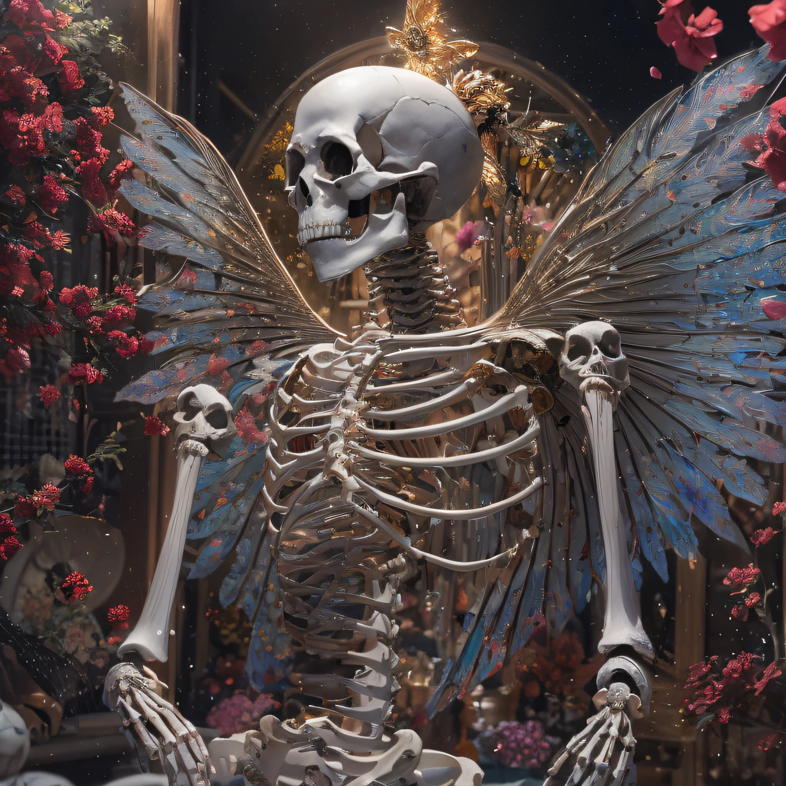 baton,Transparent wings,Magic wand,Wear thick gold-framed reflective sunglasses,32K(tmasterpiece,k hd,hyper HD,32K)Burgundy double ponytail,The Silver Skull Jewelry District in the backstreets,Indigo Skull King ,Skeleton protector (The skeleton is realistic:1.4),Skull pattern robe,Silver skull flower ornaments,Petals flutter,Colored ball head,Hold your head high,Be proud,The nostrils look at people, A high resolution, the detail, RAW photogr, Sharp Re, Nikon D850 Film Stock Photo by Jefferies Lee 4 Kodak Portra 400 Camera F1.6 shots, Rich colors, ultra-realistic vivid textures, Dramatic lighting, Unreal Engine Art Station Trend, cinestir 800,Hold your head high,Be proud,The nostrils look at people,Tsundere,Petals flutter,Petals flutter,Sprinkle with gold dust,Fluttering,Impeccable,( reasonable design, Clear lines, High sharpness,Best quality, Very detailed skeleton, The skeleton of a masterpiece, offcial art, movie light effect, 4K skeleton(((Wear thick gold-framed reflective sunglasses)))Transparent wings,(baton)(Baton in hand)(Giant stick)baton,