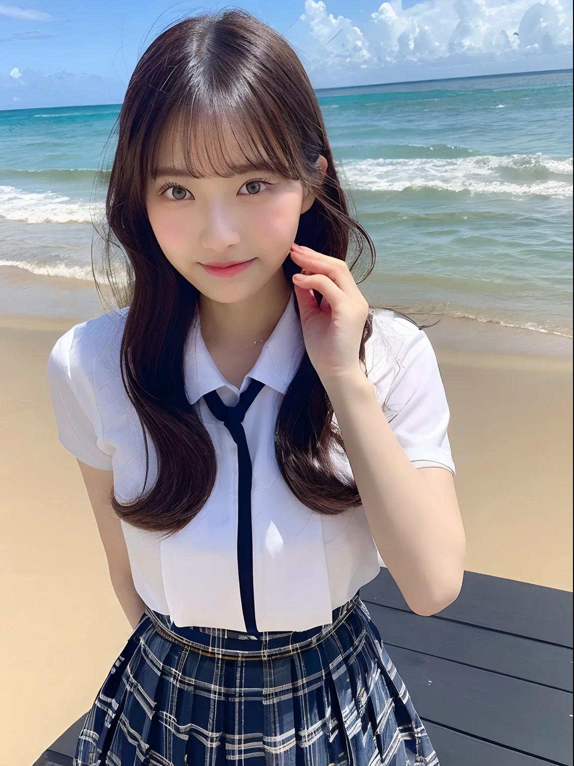 ((top-quality、8K、​masterpiece：1.3))、foco nítido：1.2、Beautiful girl in perfect style：1.4、A slender、((A dark-haired、huge tit、tits out：1.2))、(夏天、Mare、beach、Enoshima:1.1)、Highly detailed facial and skin texture、A detailed eye、二重まぶた、Sweaty、A sexy、the beach、summer vacation、date、Okinawa、hawaii、Mare、sand beach、ocean view、((beach))、((Uniform 1.5))、jk suit plaid skirt pleated skirt shirt bowtie