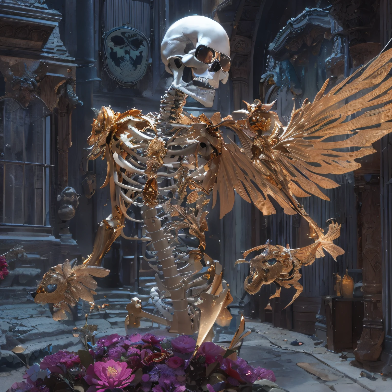 baton,Transparent wings,Magic wand,Wear thick gold-framed reflective sunglasses,32K(tmasterpiece,k hd,hyper HD,32K)Burgundy double ponytail,The Silver Skull Jewelry District in the backstreets,Indigo Skull King ,Skeleton protector (The skeleton is realistic:1.4),Skull pattern robe,Silver skull flower ornaments,Petals flutter,Colored ball head,Hold your head high,Be proud,The nostrils look at people, A high resolution, the detail, RAW photogr, Sharp Re, Nikon D850 Film Stock Photo by Jefferies Lee 4 Kodak Portra 400 Camera F1.6 shots, Rich colors, ultra-realistic vivid textures, Dramatic lighting, Unreal Engine Art Station Trend, cinestir 800,Hold your head high,Be proud,The nostrils look at people,Tsundere,Petals flutter,Petals flutter,Sprinkle with gold dust,Fluttering,Impeccable,( reasonable design, Clear lines, High sharpness,Best quality, Very detailed skeleton, The skeleton of a masterpiece, offcial art, movie light effect, 4K skeleton(((Wear thick gold-framed reflective sunglasses)))Transparent wings,(baton)(Baton in hand)(Giant stick)baton,