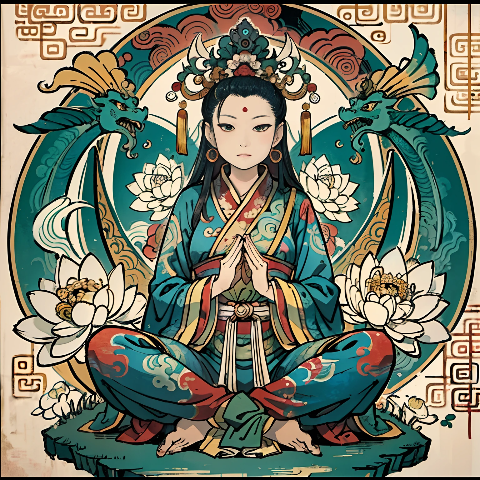 an ancient Chinese goddess, guanyin of the southern seas, Guanyin, Inspired by India, Avalokiteshvara rides a dragon,,Serene expression,shui mo hua,Buddha,Buddhist,Lotus,Chinese painting style,Thangka style
