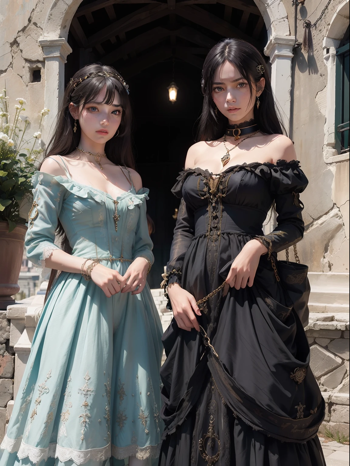 top quality picture　　　、Italy、Venice　、old bridge　、
１５century　、(((Very luxurious fragrance dresses)))　、　is standing　　、(((two womens)))　　,　full body Esbian
　 　、Collar with rope　　、(((distressed look)))　、Thin ropes that bind the body　、chains　、Pale green walls　、 Black hair　、short-hair　、 shining beautiful skin , Sweat, collar and chain accessories, beautiful black pupil and hair, Detailed expression　, beautidful eyes,