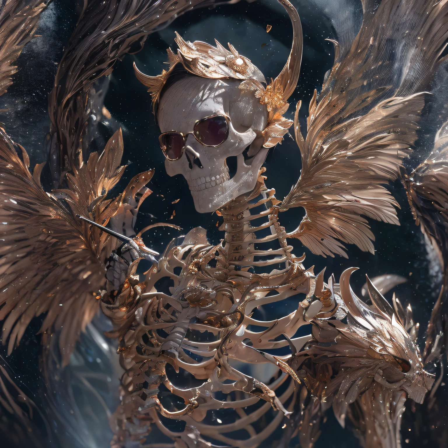 Fine matte painting, skeleton dark angel big wings haunted castle on drawing table full of knives, horror, spookiness, scary, secret horror, tentacles, vines, eyes, uncanny valley effect teeth, limbs, animals, blood moon